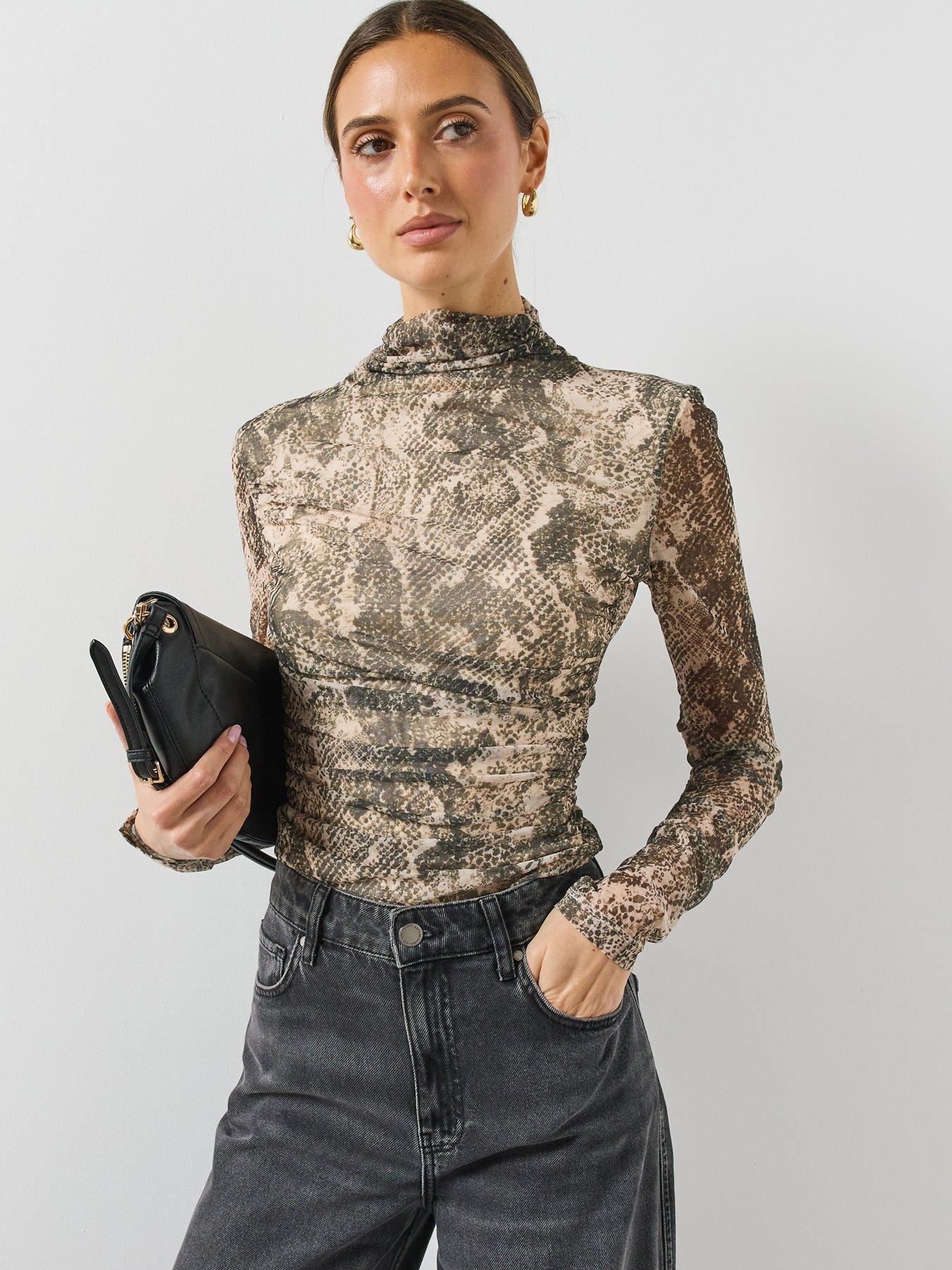 Image 1 of 5 of Mango Womens Betty High Neck Sheer Snake Print T-Shirt - Brown