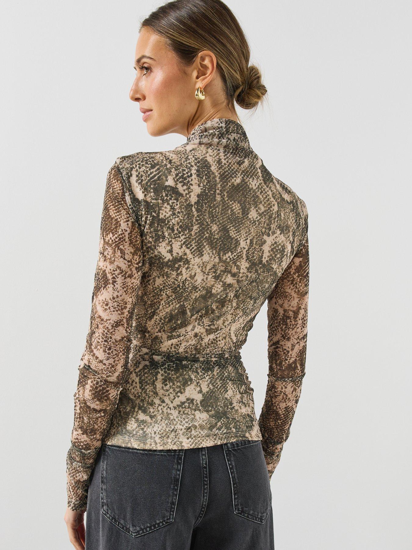 Image 2 of 5 of Mango Womens Betty High Neck Sheer Snake Print T-Shirt - Brown