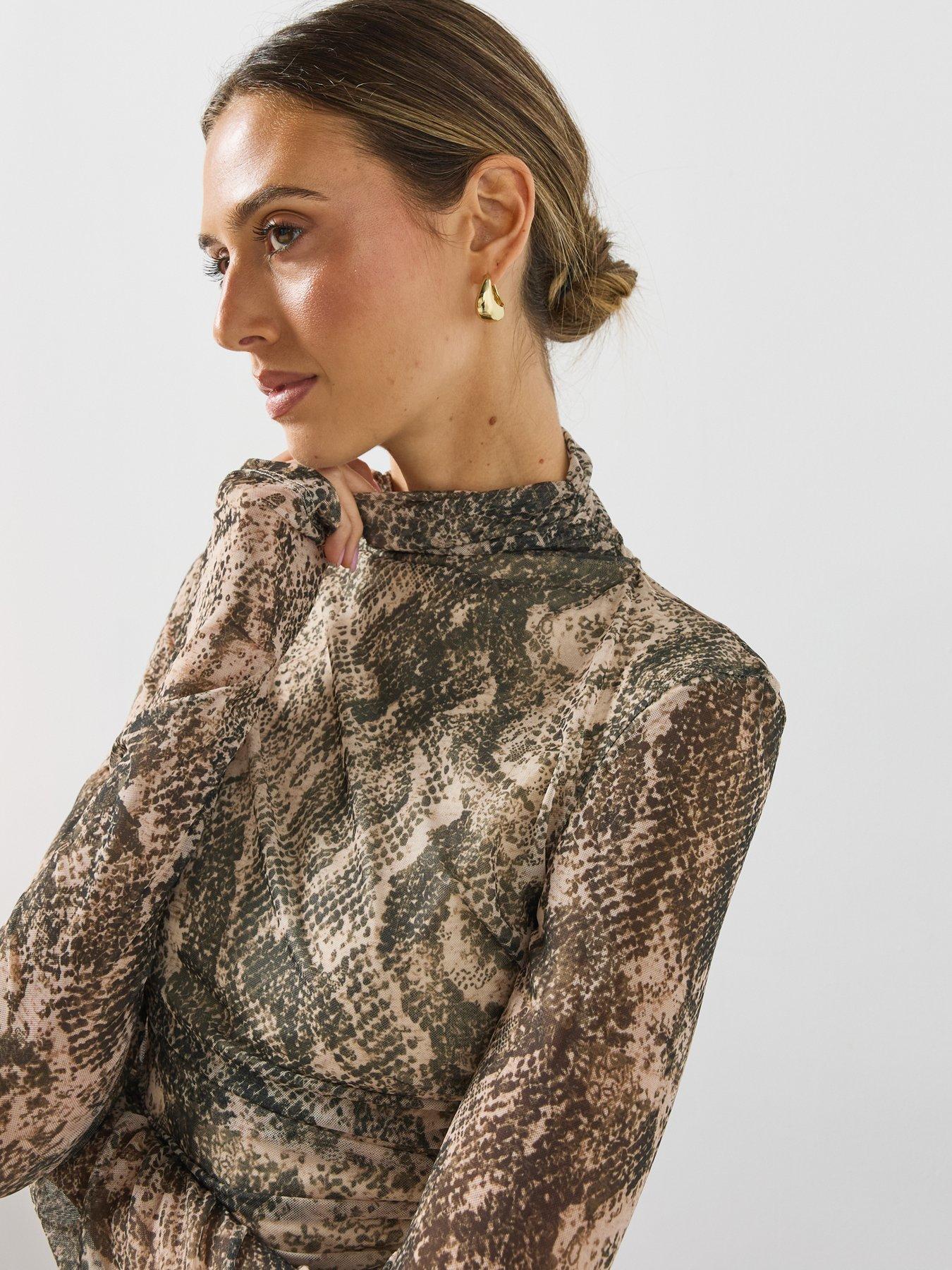 Image 4 of 5 of Mango Womens Betty High Neck Sheer Snake Print T-Shirt - Brown