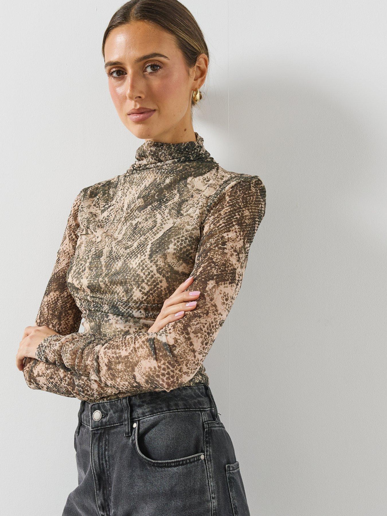 Image 5 of 5 of Mango Womens Betty High Neck Sheer Snake Print T-Shirt - Brown