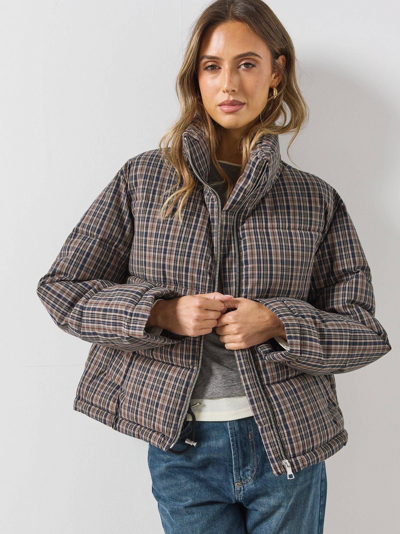 Image 1 of 6 of Mango Womens Checked Quilted Anorak Jacket - Navy