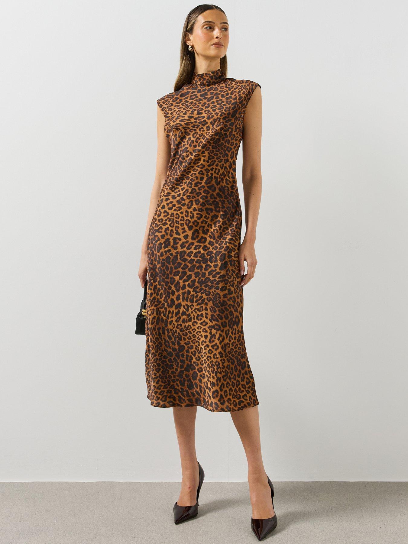 Image 1 of 6 of Mango Womens Leopard Print High Neck Midi Dress - Brown