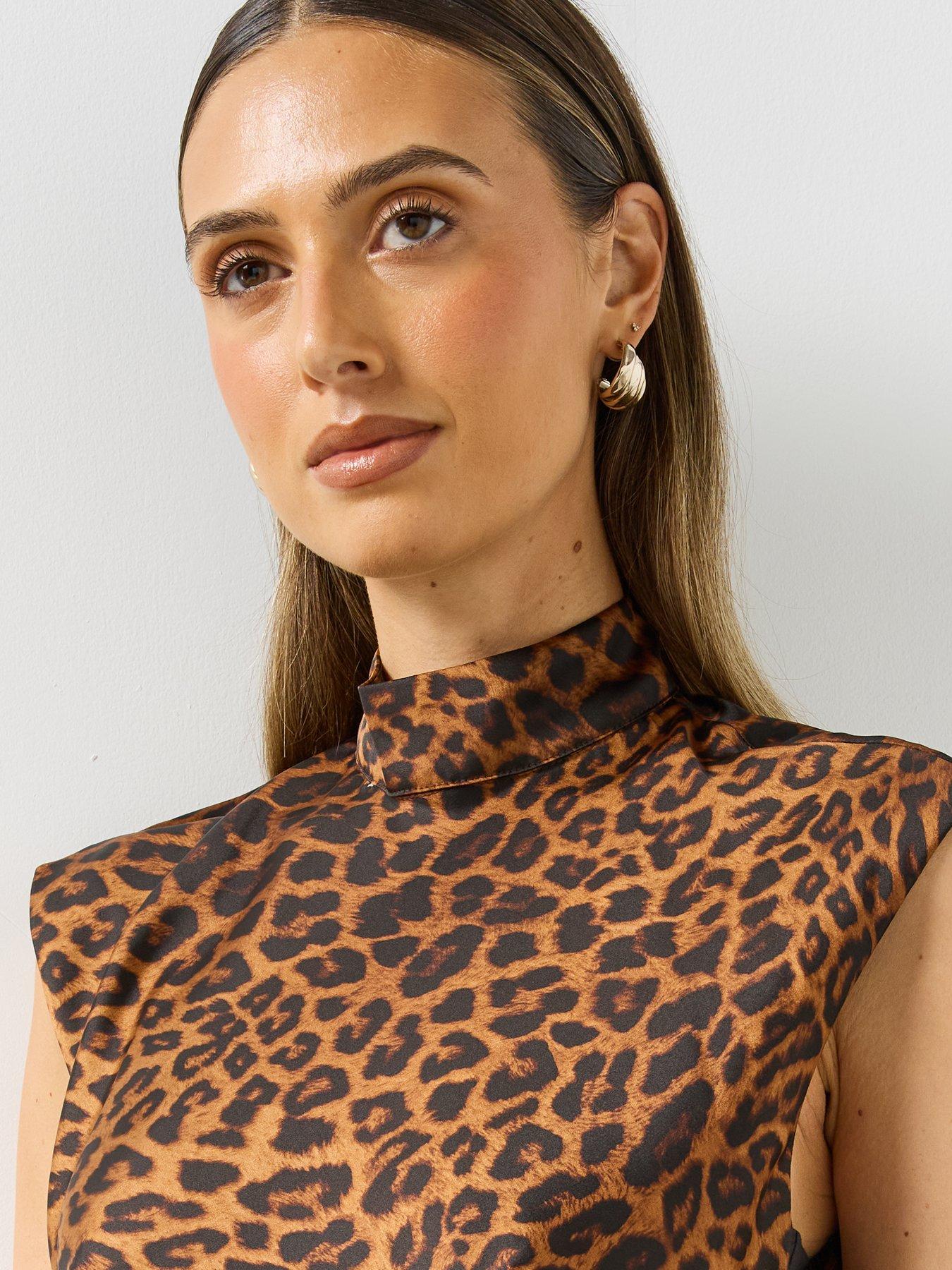 Image 4 of 6 of Mango Womens Leopard Print High Neck Midi Dress - Brown