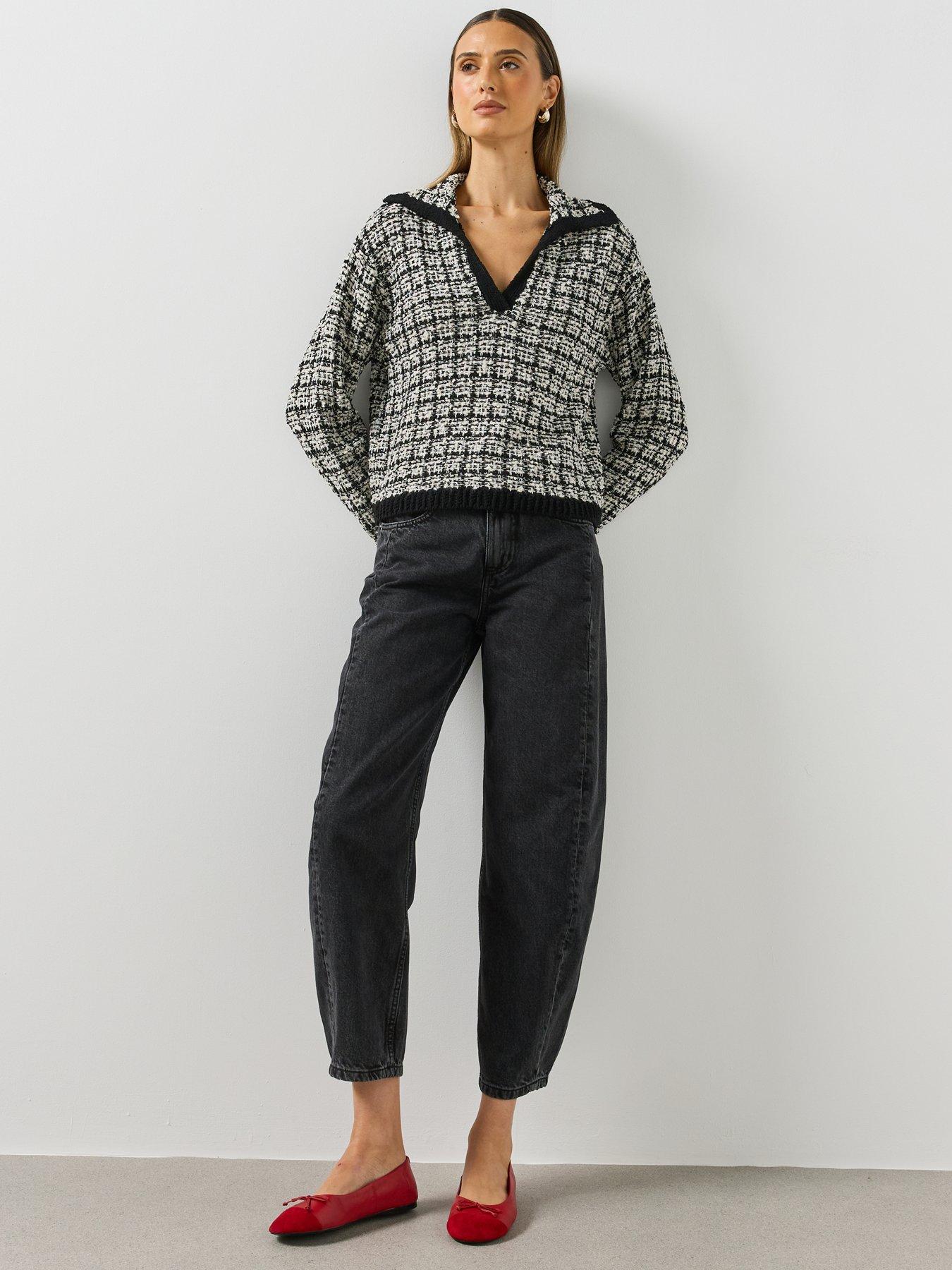 Image 3 of 5 of Mango Womens Textured V-Neck Collared Jumper - Black