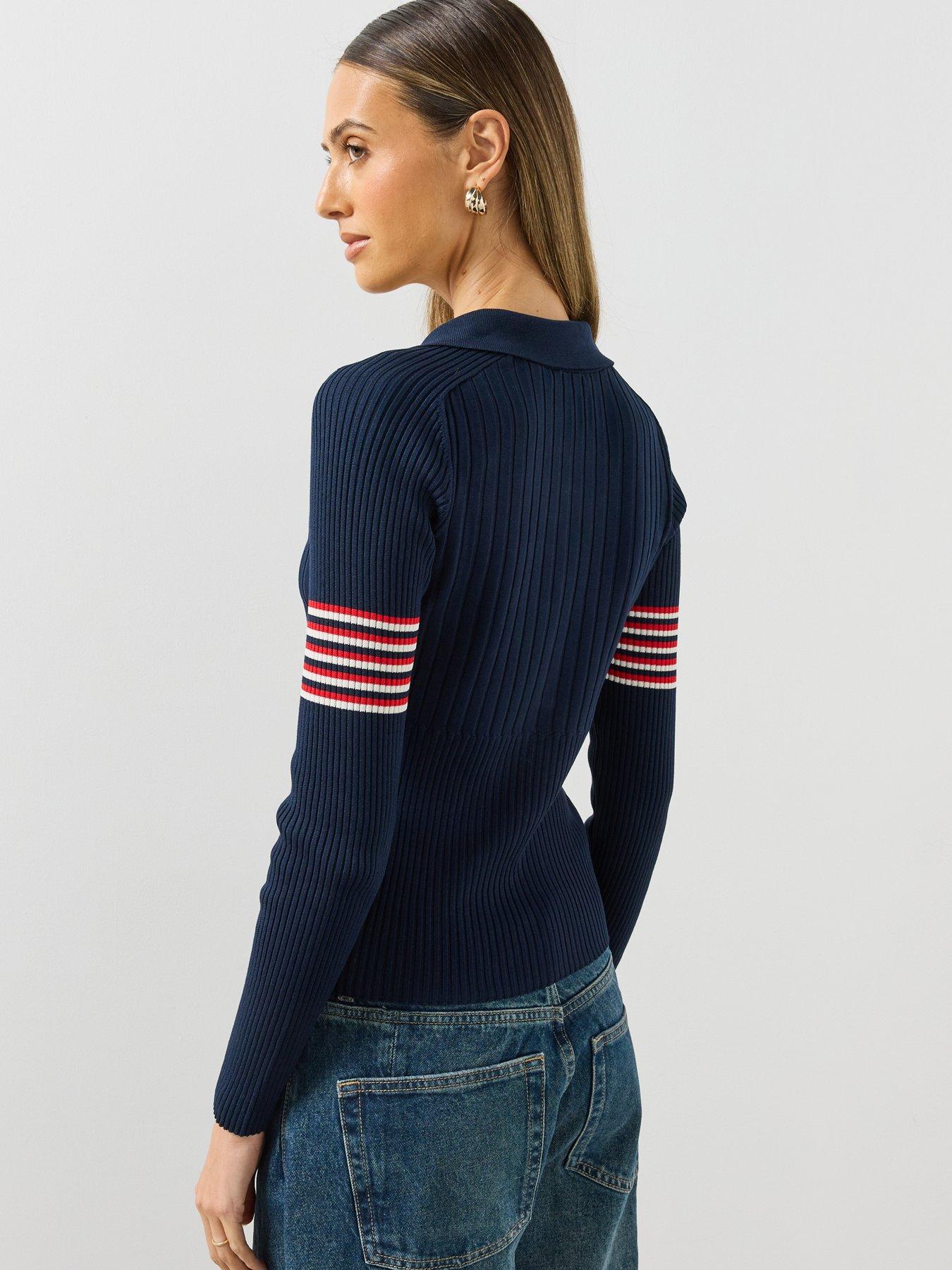 Image 2 of 5 of Mango Womens Polo Collar Ribbed Contrast Stripe Jumper - Navy