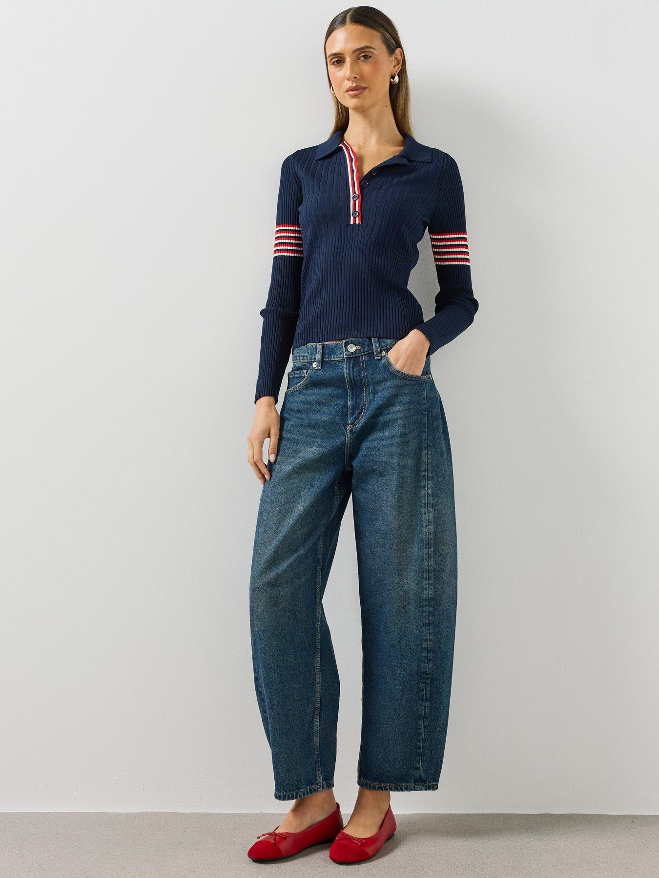 Image 5 of 5 of Mango Womens Polo Collar Ribbed Contrast Stripe Jumper - Navy