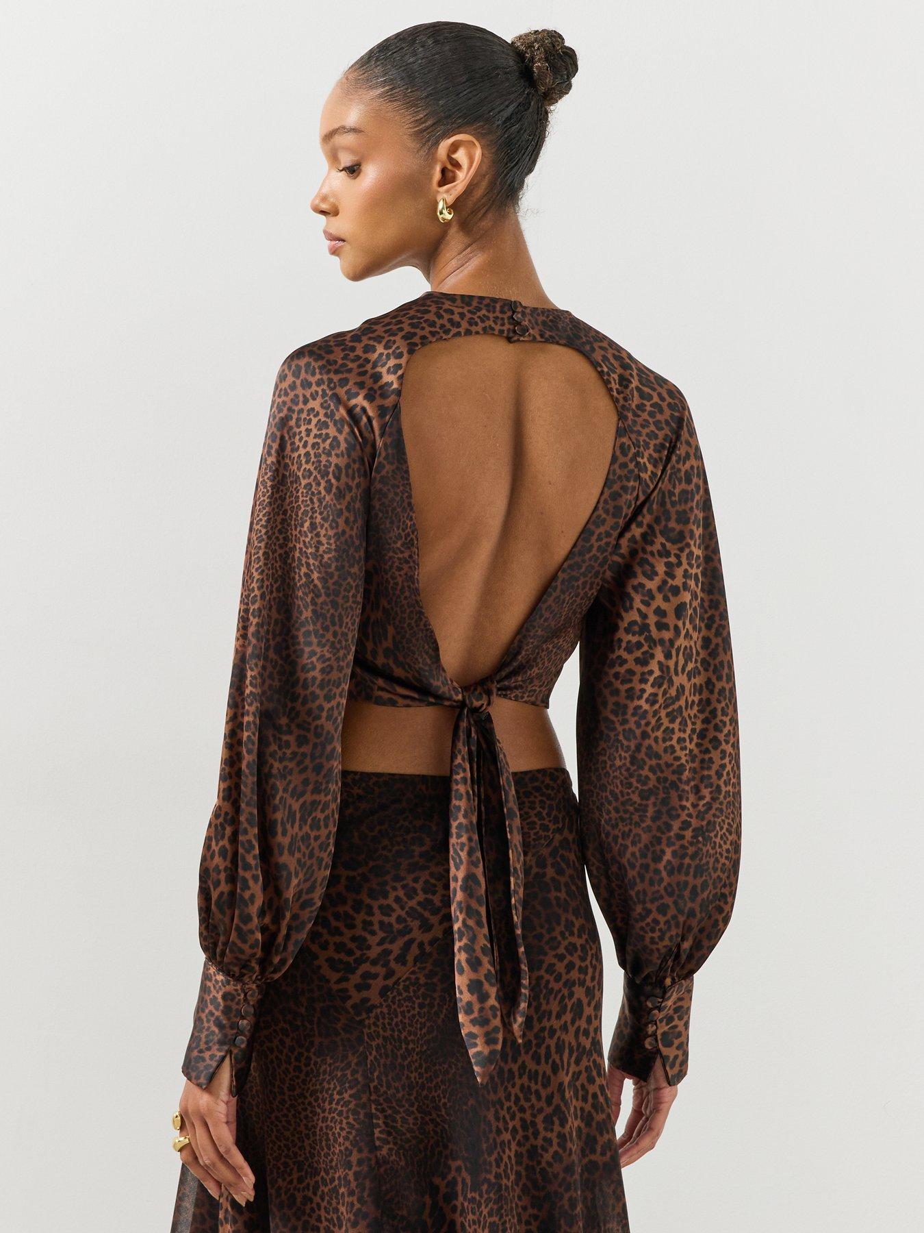 Image 2 of 6 of Mango Womens Hunter Open Back Tie Satin-Look Top - Brown