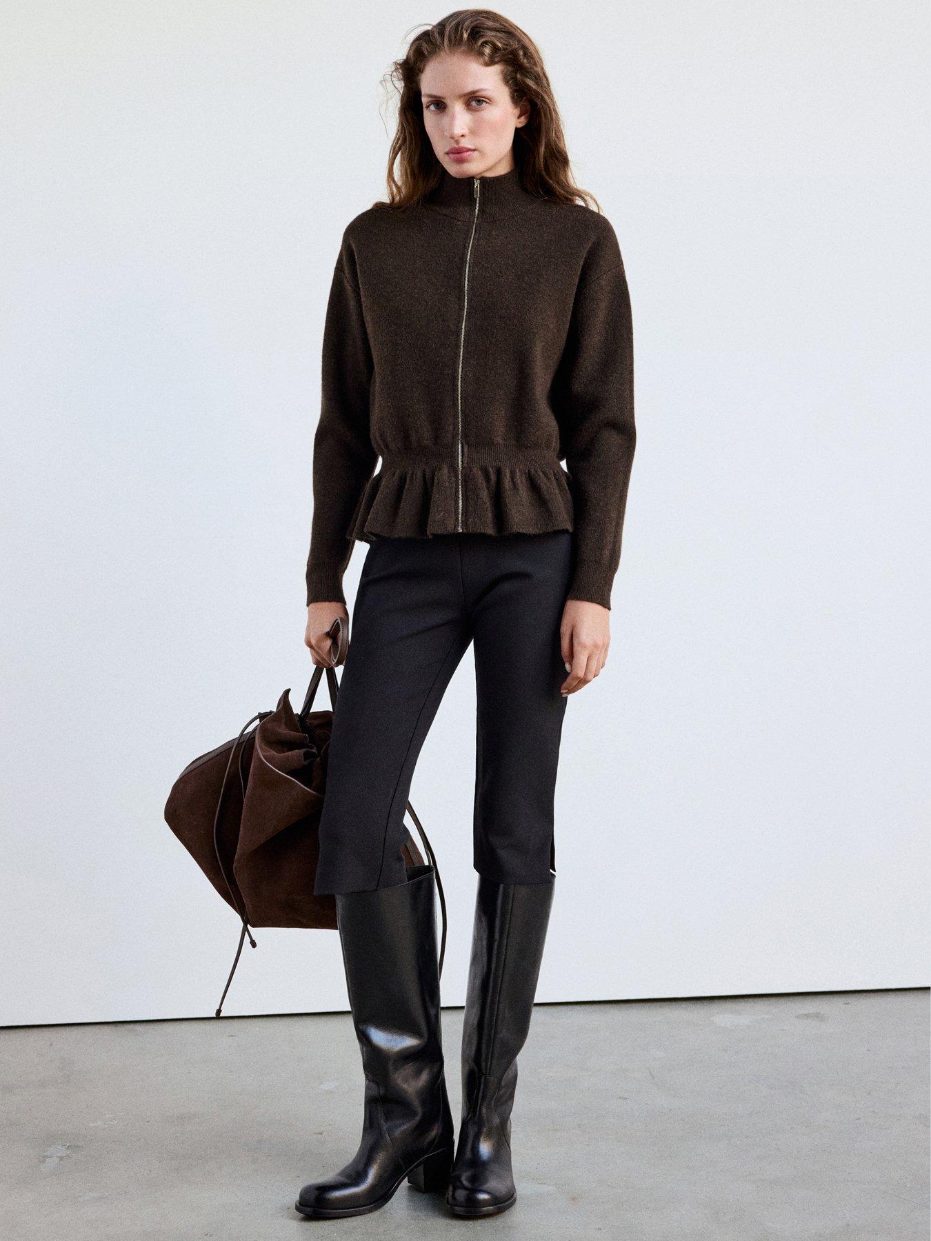 Image 1 of 7 of Mango Womens Provensa Zip-Through Peplum Jacket - Brown