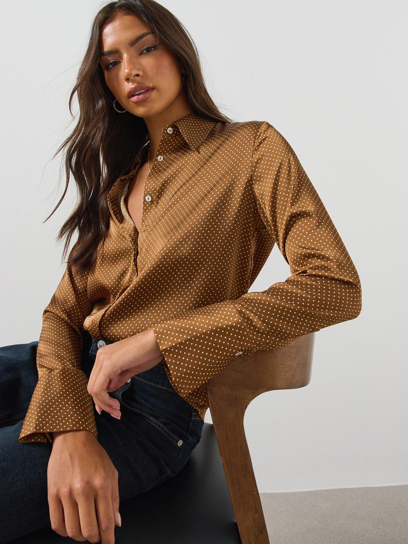 Image 1 of 6 of Mango Womens Spot Print Point Collar Shirt - Brown