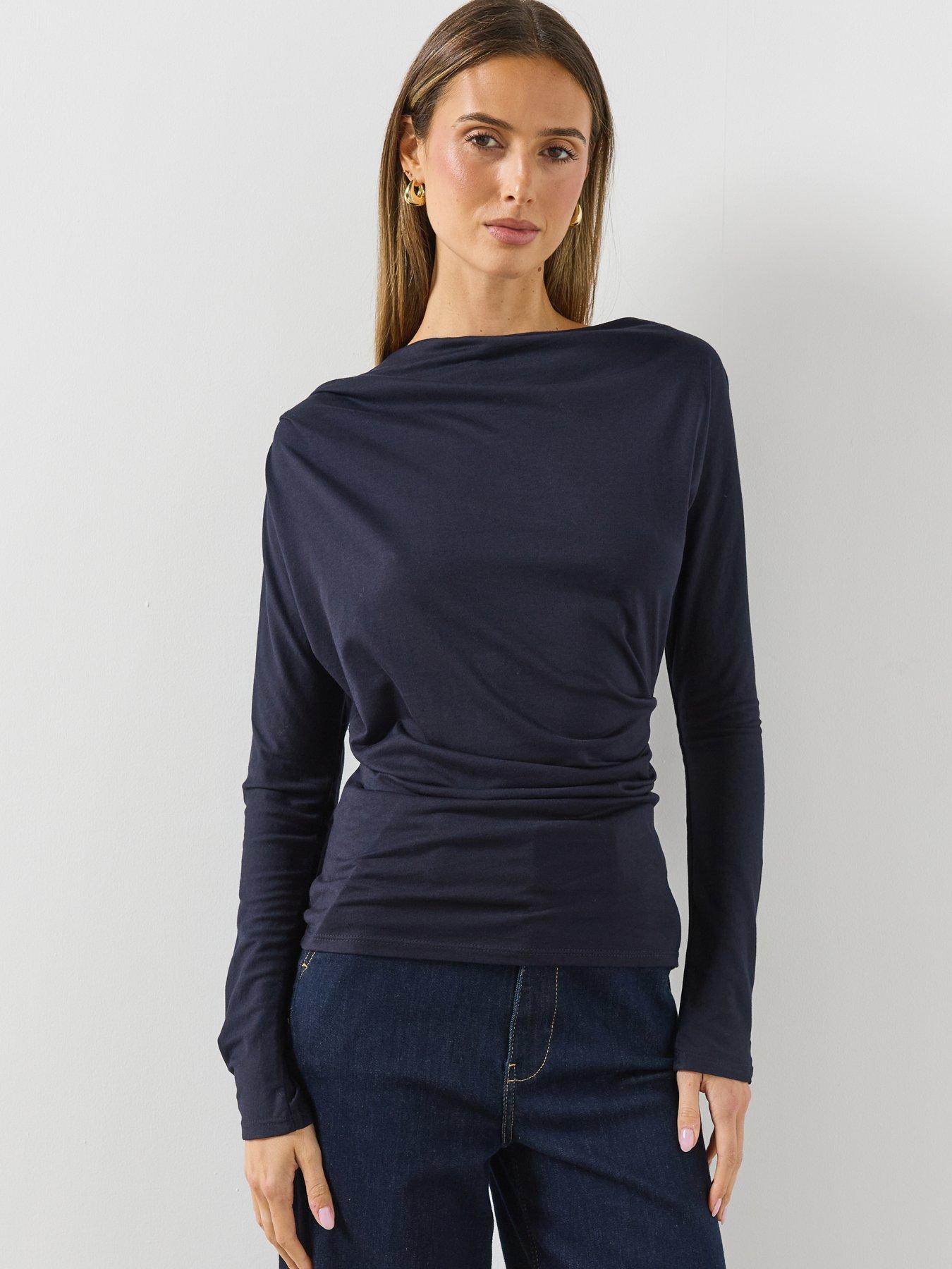 Image 1 of 6 of Mango Womens Sabela Boat Neck Ruched Side Long Sleeve T-Shirt - Navy