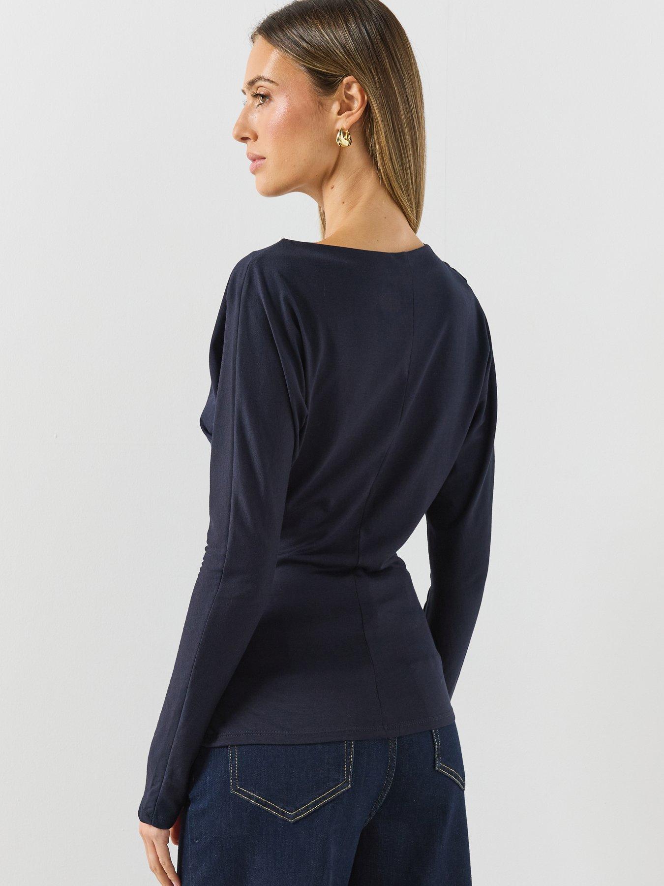 Image 2 of 6 of Mango Womens Sabela Boat Neck Ruched Side Long Sleeve T-Shirt - Navy