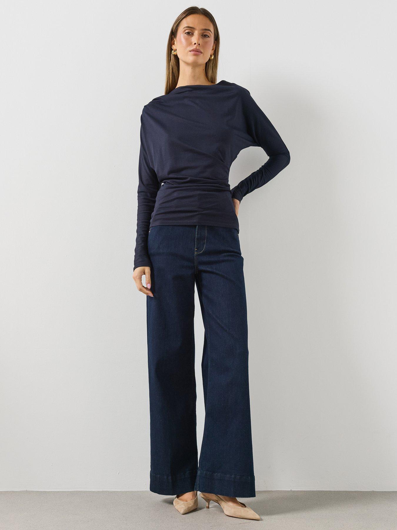 Image 3 of 6 of Mango Womens Sabela Boat Neck Ruched Side Long Sleeve T-Shirt - Navy