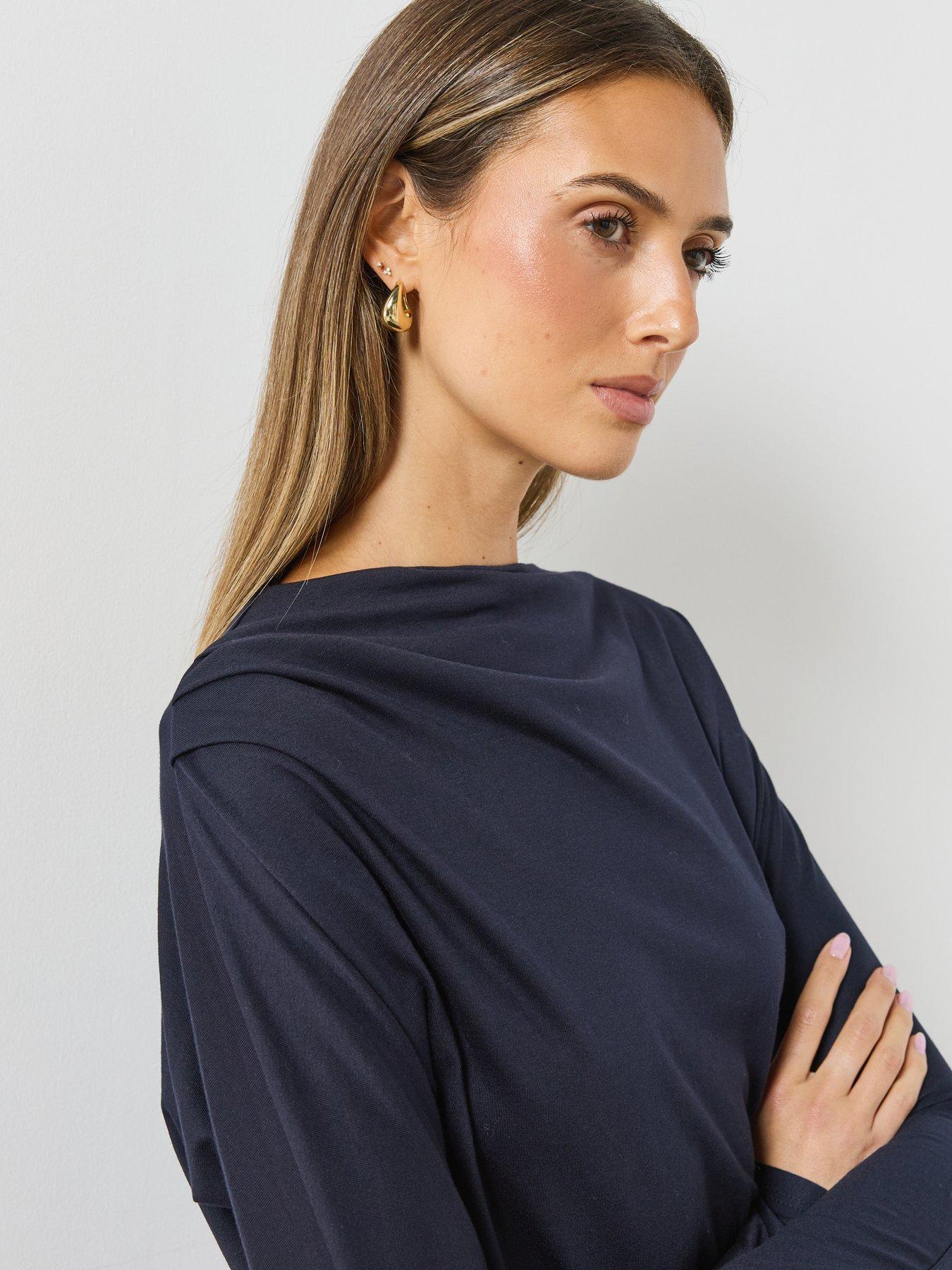 Image 4 of 6 of Mango Womens Sabela Boat Neck Ruched Side Long Sleeve T-Shirt - Navy