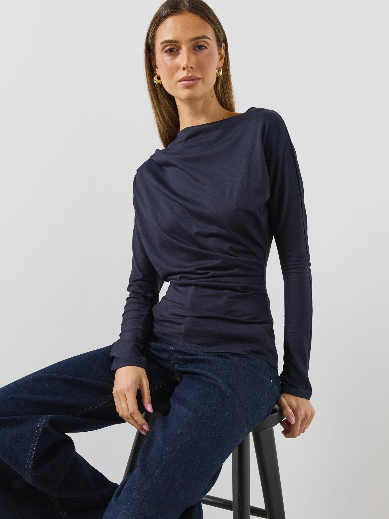Image 5 of 6 of Mango Womens Sabela Boat Neck Ruched Side Long Sleeve T-Shirt - Navy