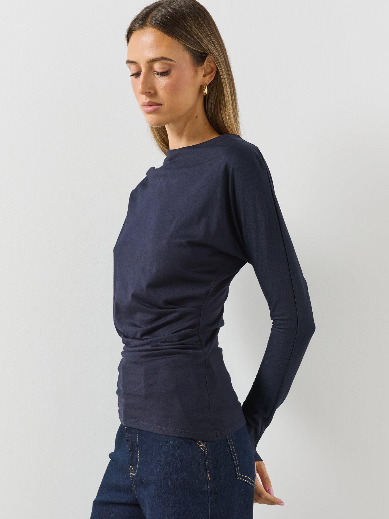 Image 6 of 6 of Mango Womens Sabela Boat Neck Ruched Side Long Sleeve T-Shirt - Navy