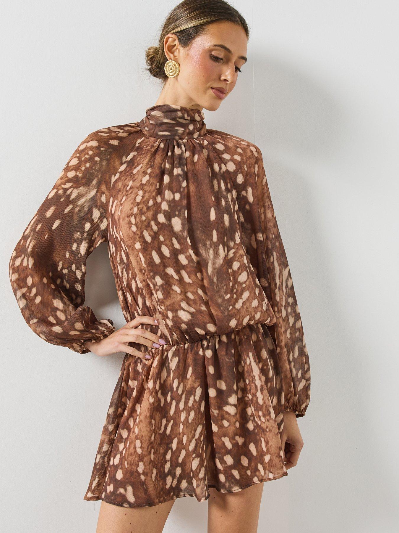 Image 1 of 6 of Mango Womens Margot High Neck Elasticated Waist Mini Dress - Brown