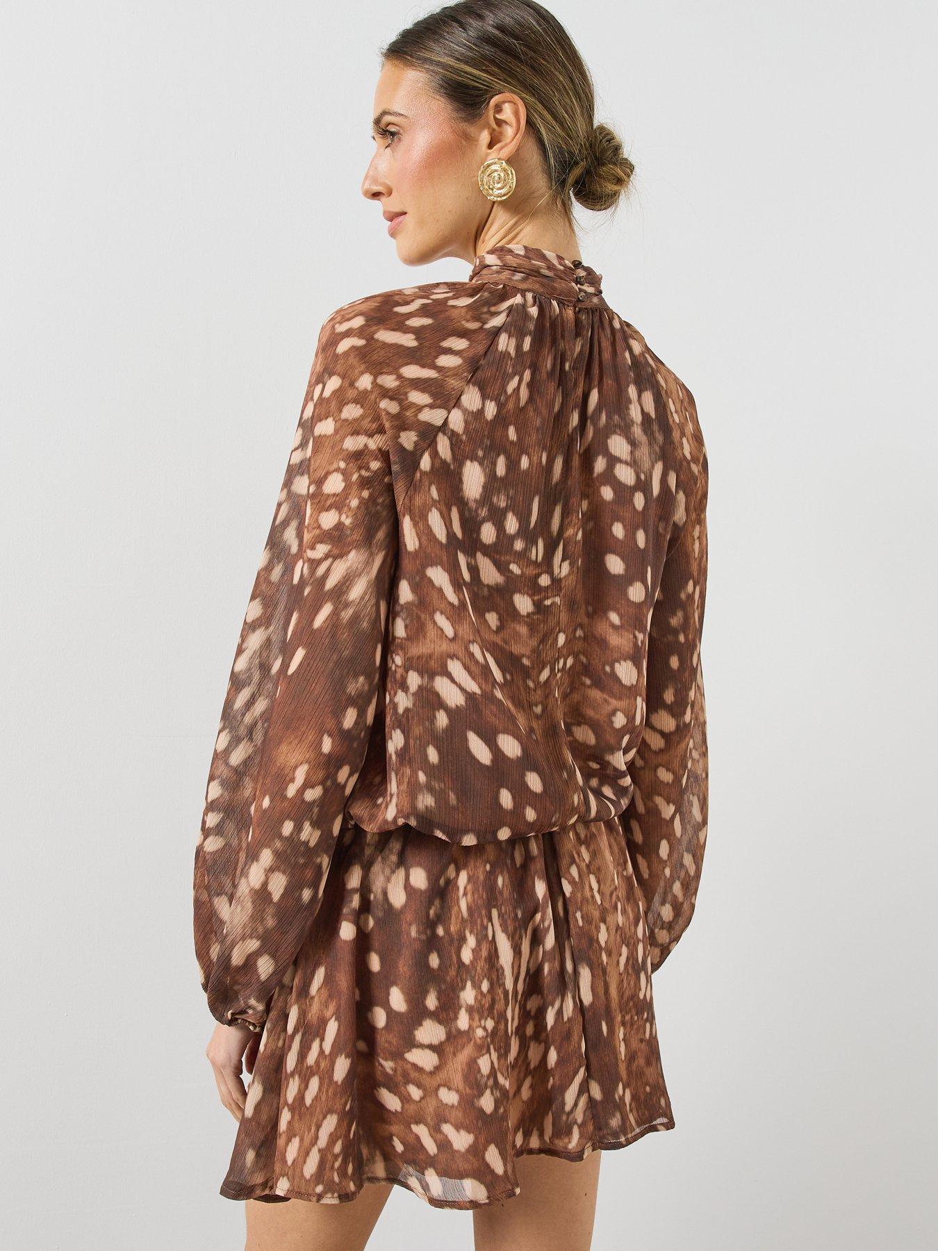 Image 2 of 6 of Mango Womens Margot High Neck Elasticated Waist Mini Dress - Brown