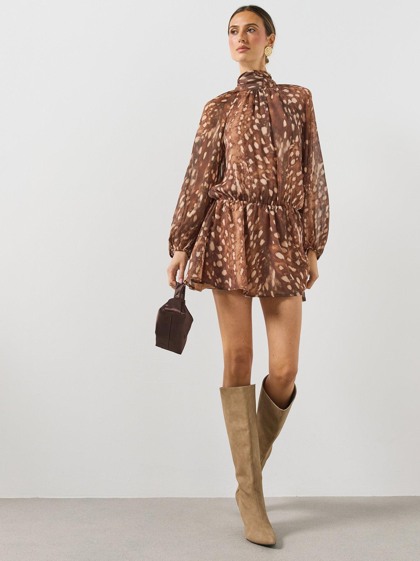 Image 3 of 6 of Mango Womens Margot High Neck Elasticated Waist Mini Dress - Brown