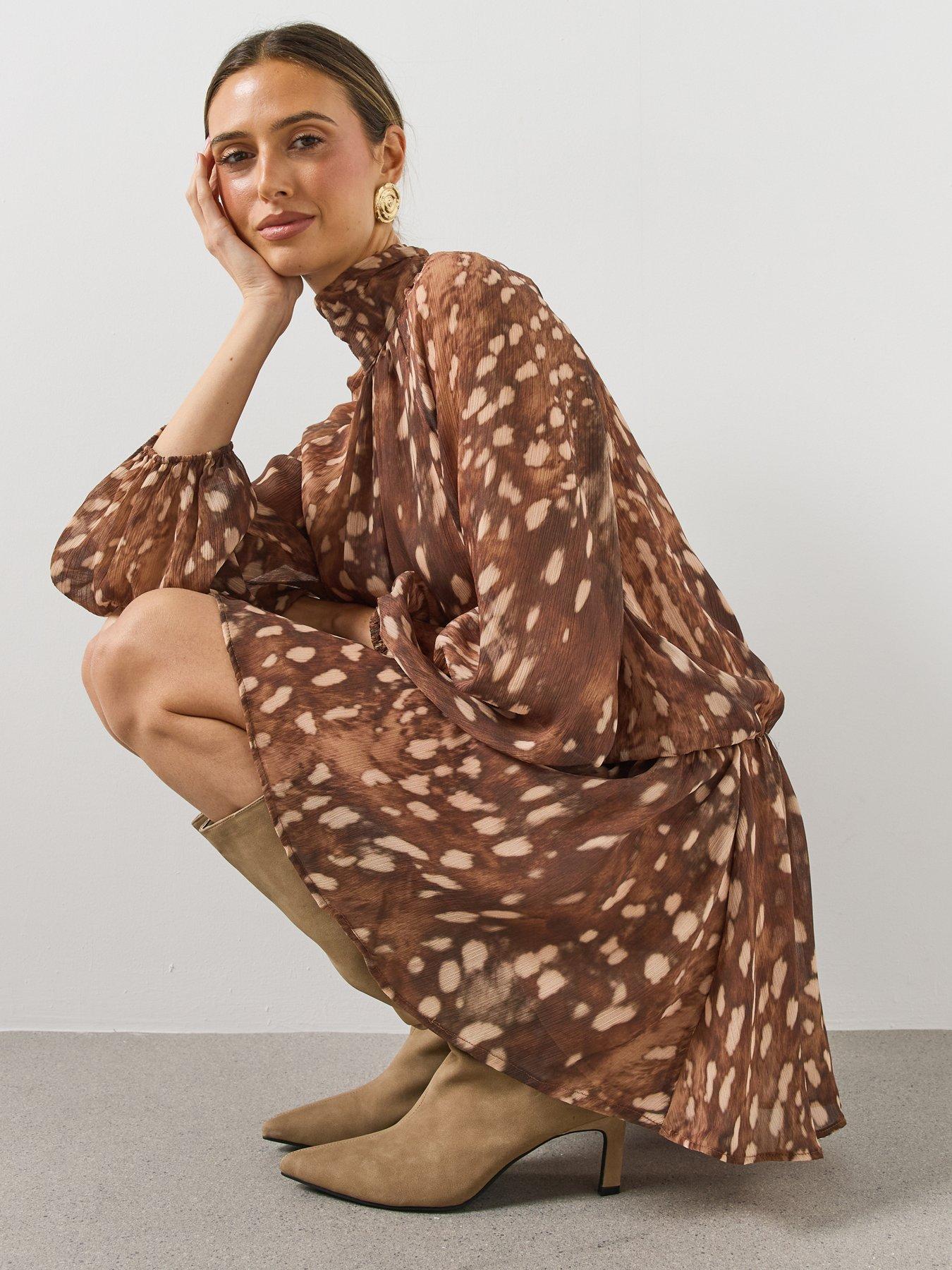 Image 5 of 6 of Mango Womens Margot High Neck Elasticated Waist Mini Dress - Brown