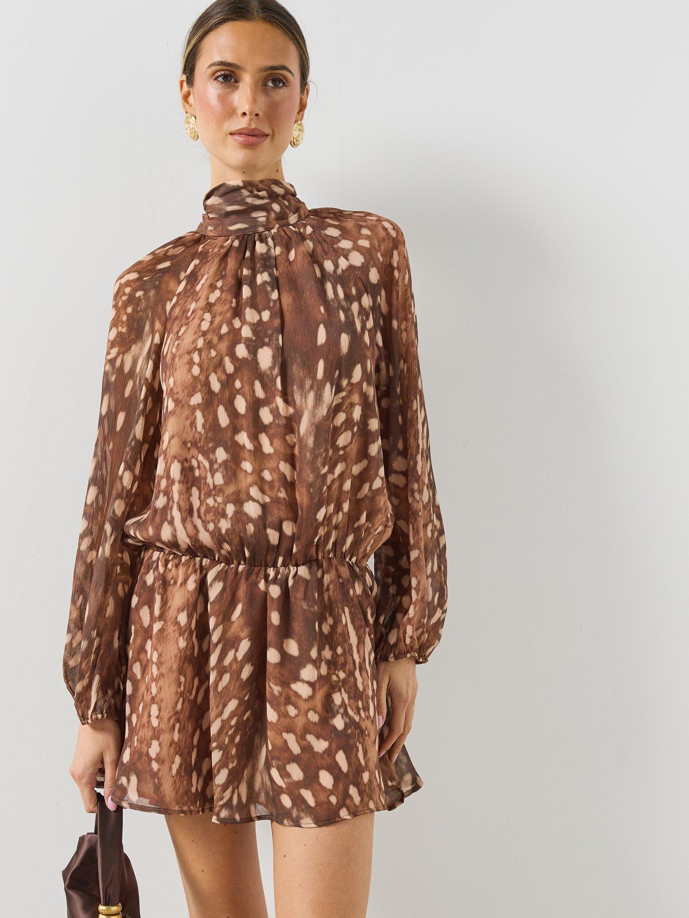 Image 6 of 6 of Mango Womens Margot High Neck Elasticated Waist Mini Dress - Brown