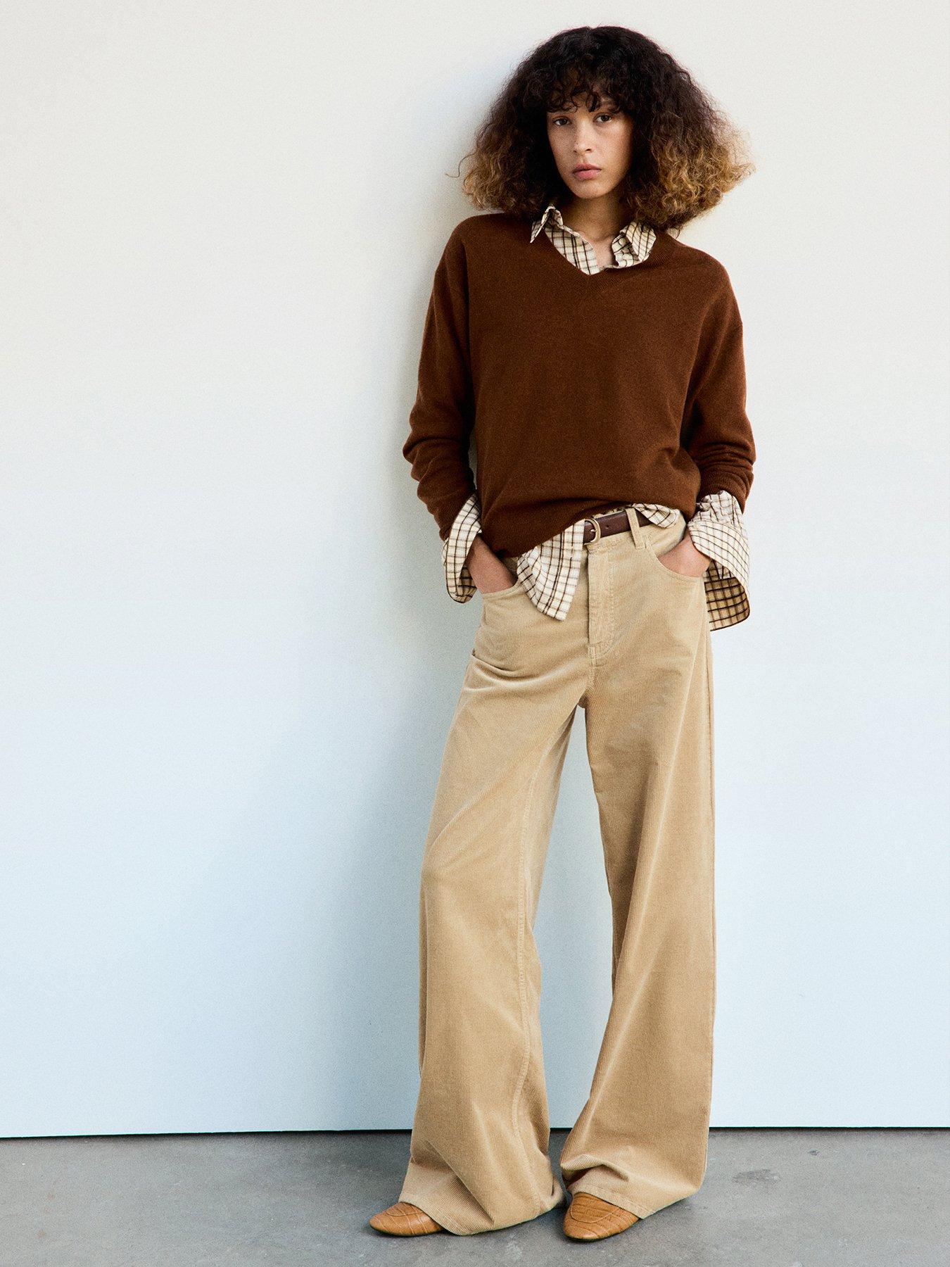 Image 1 of 7 of Mango Womens Wide Leg Corduroy Trousers - Beige