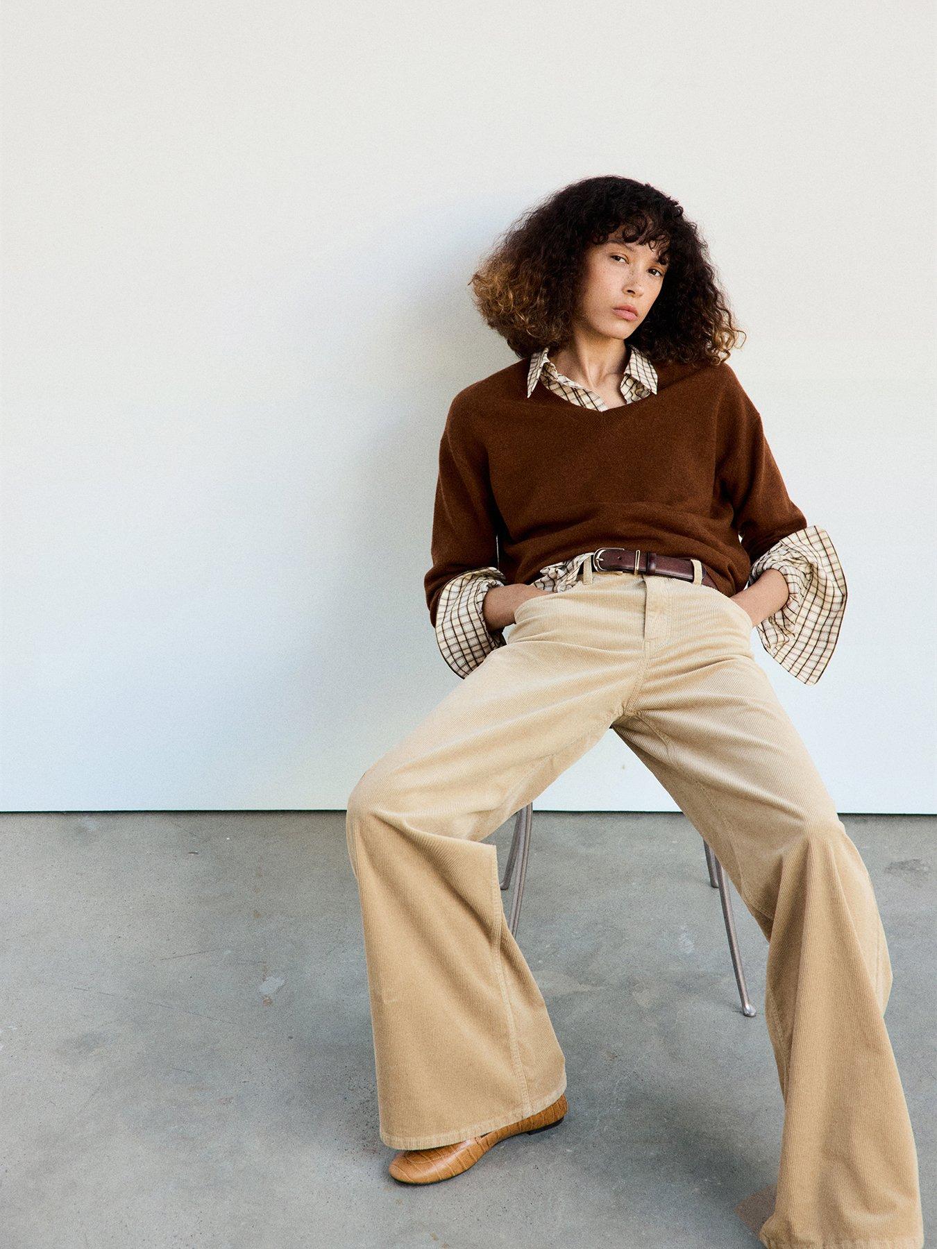 Image 4 of 7 of Mango Womens Wide Leg Corduroy Trousers - Beige