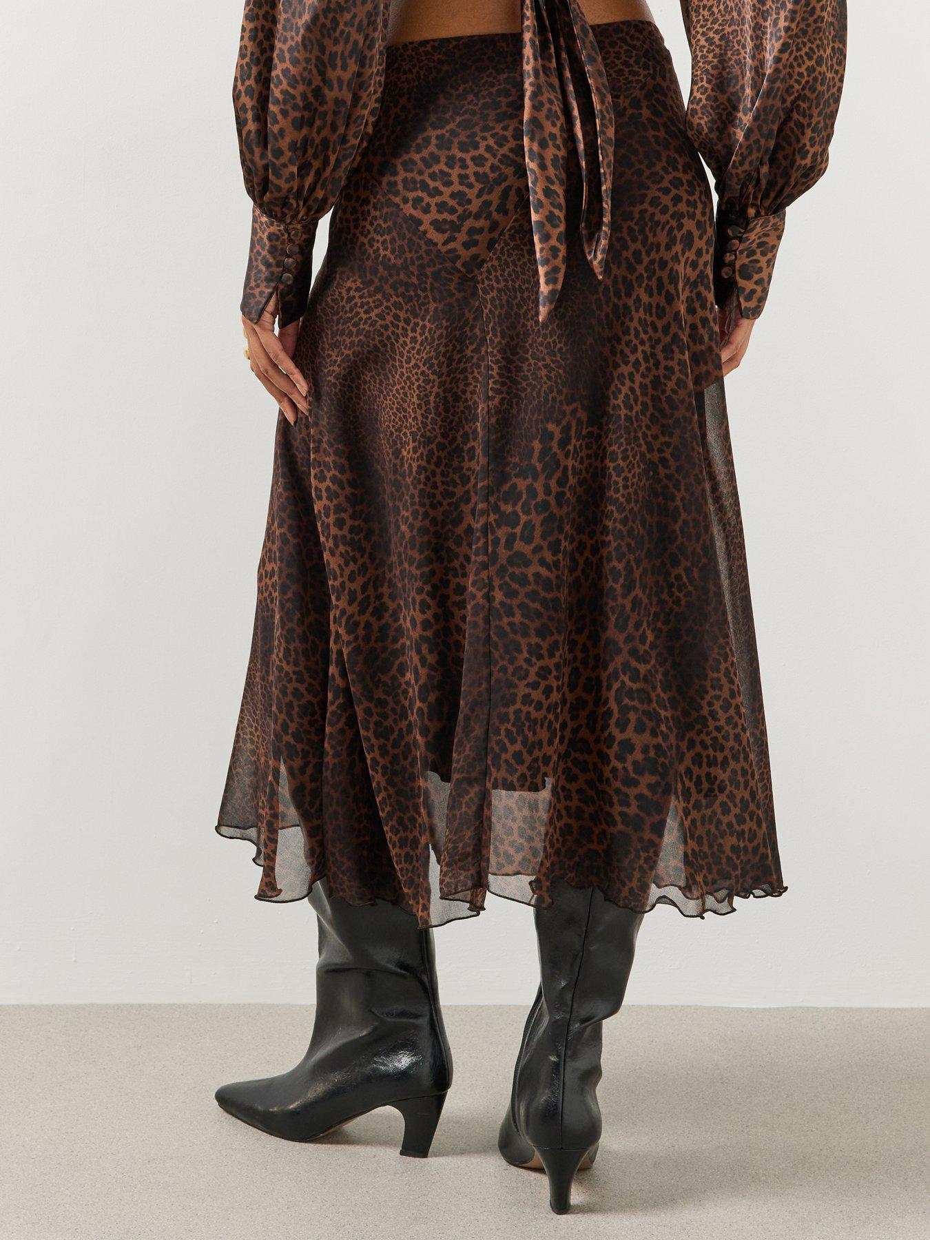 Image 2 of 6 of Mango Womens Maisel Leopard Print Flared Midi Skirt - Brown