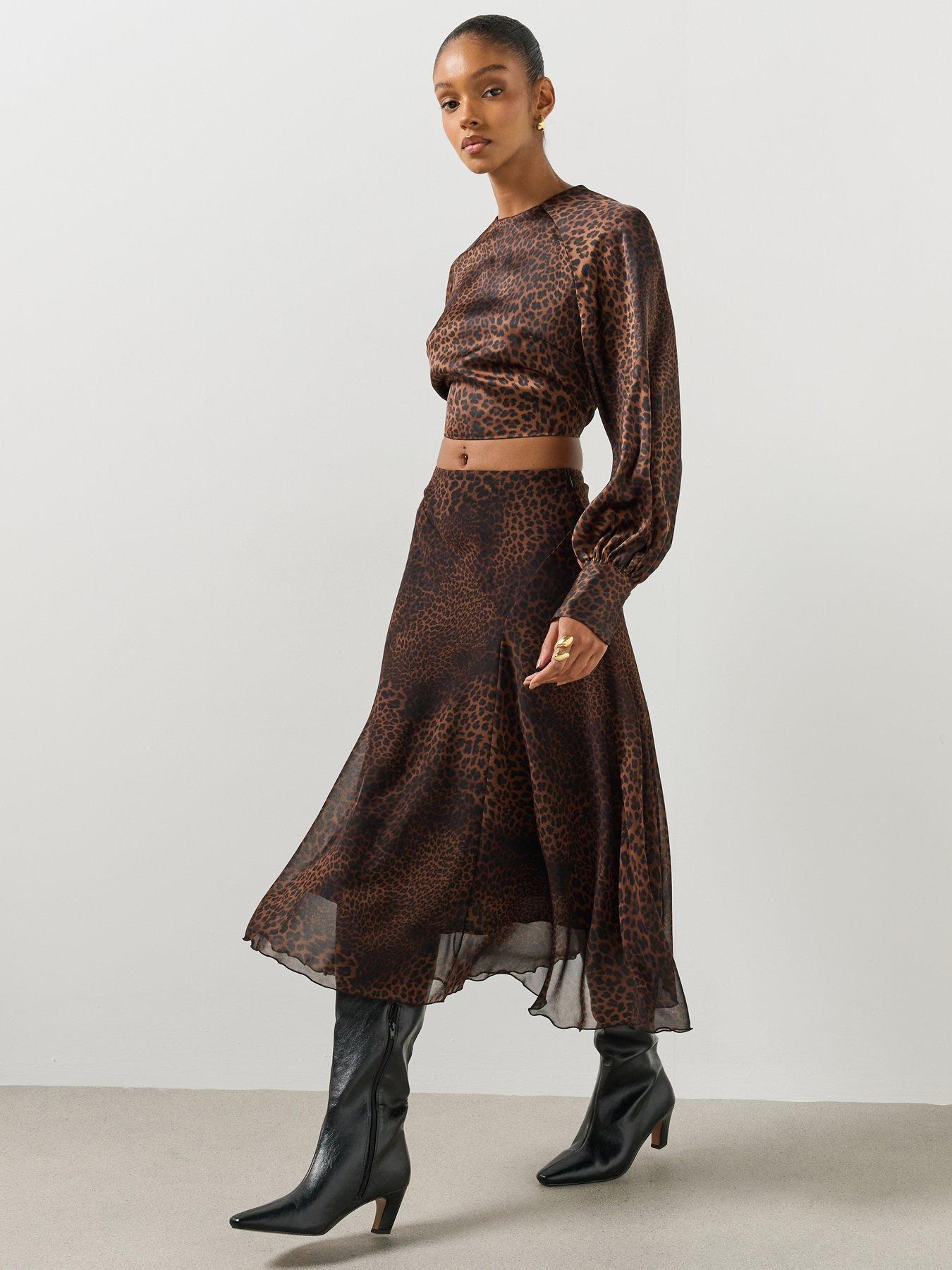 Image 3 of 6 of Mango Womens Maisel Leopard Print Flared Midi Skirt - Brown