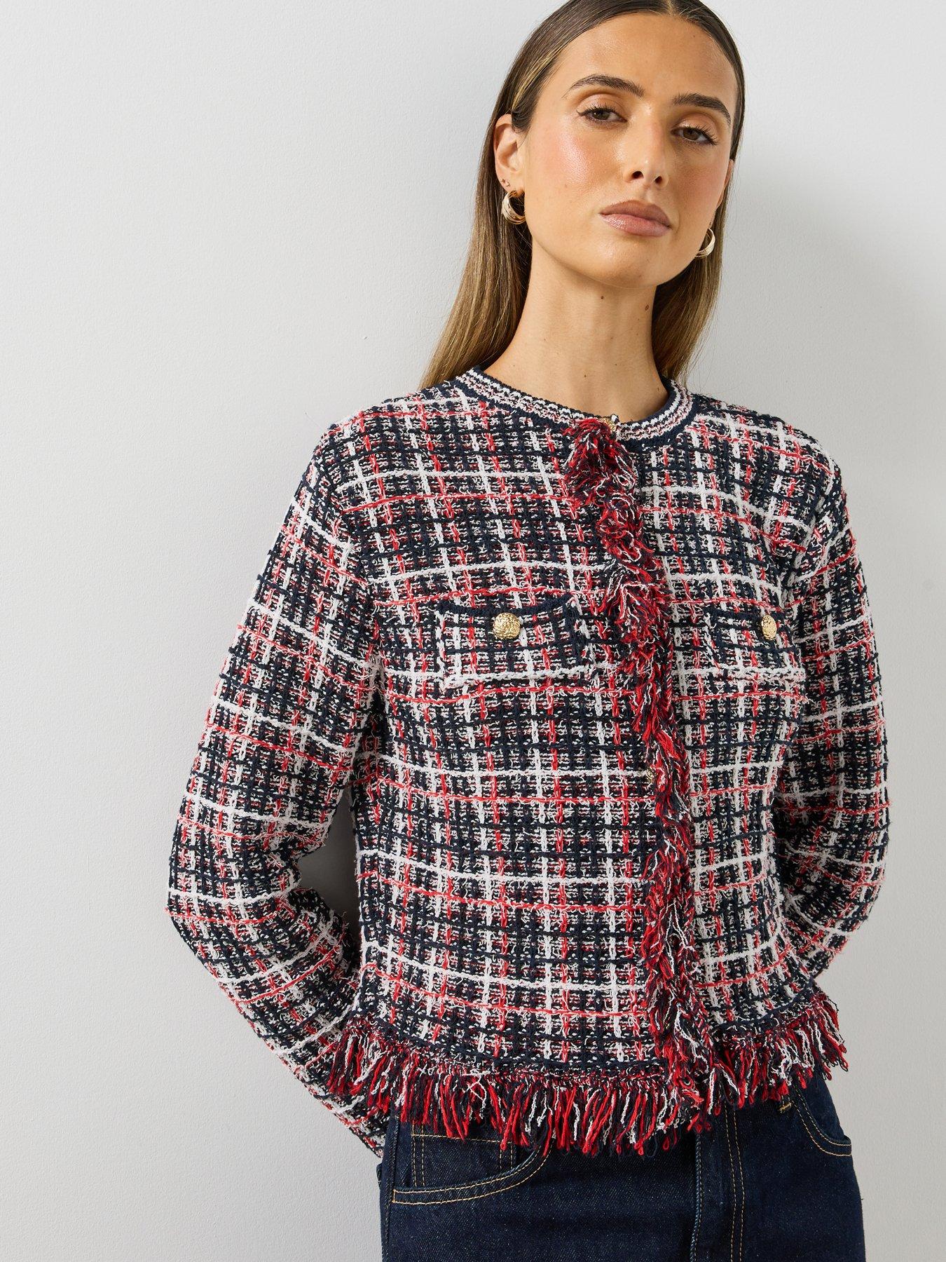 Image 1 of 6 of Mango Womens Fringe Trim Gold Button Jacket - Navy