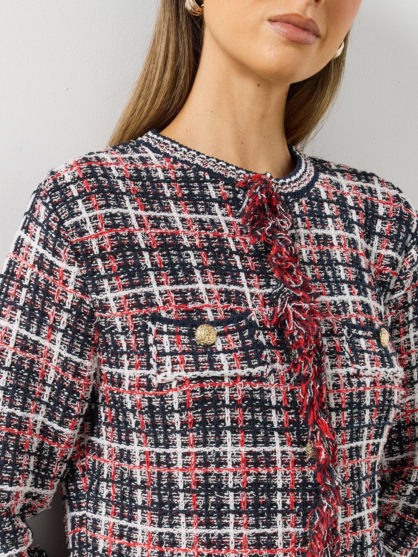 Image 4 of 6 of Mango Womens Fringe Trim Gold Button Jacket - Navy