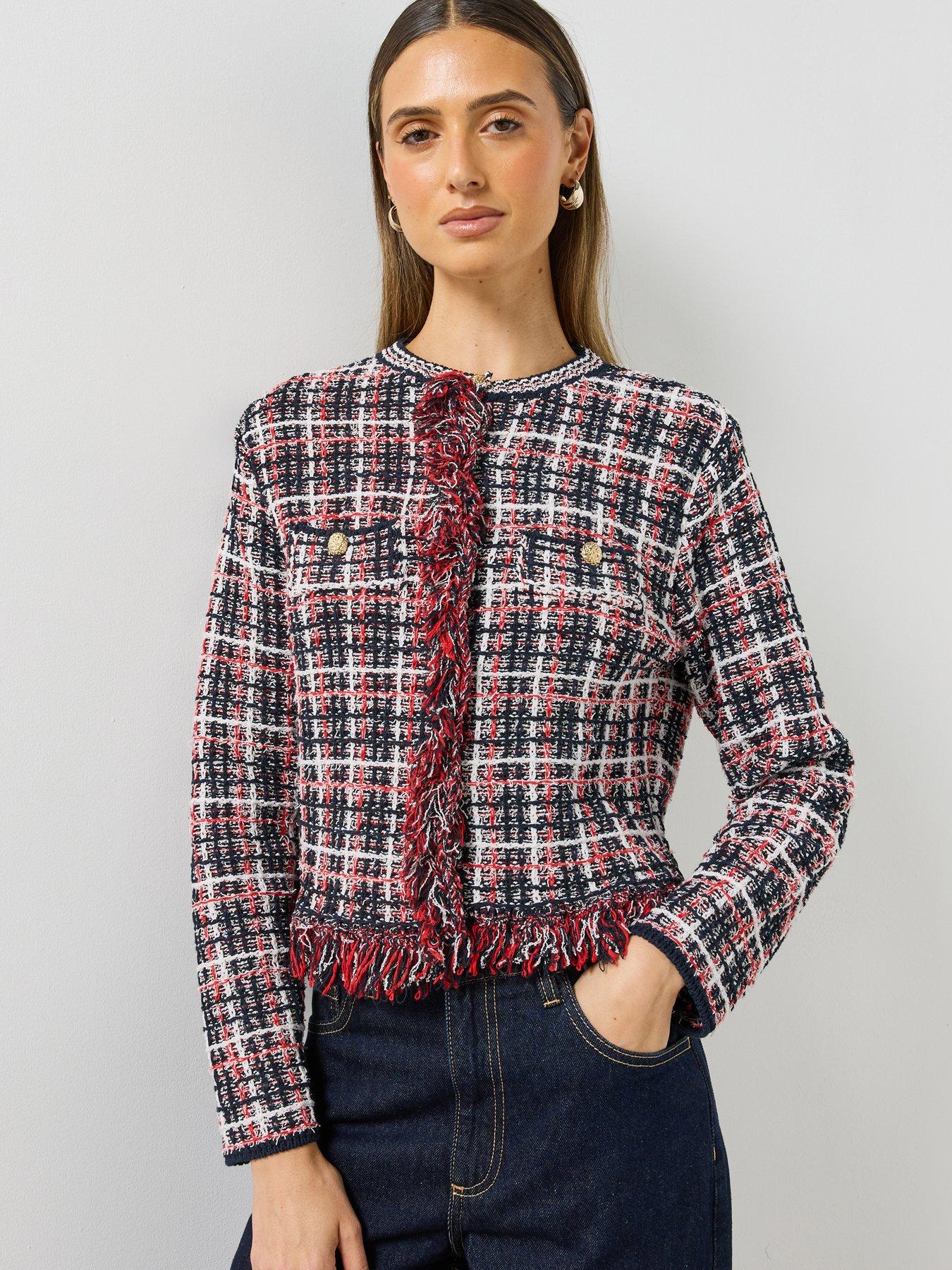 Image 5 of 6 of Mango Womens Fringe Trim Gold Button Jacket - Navy