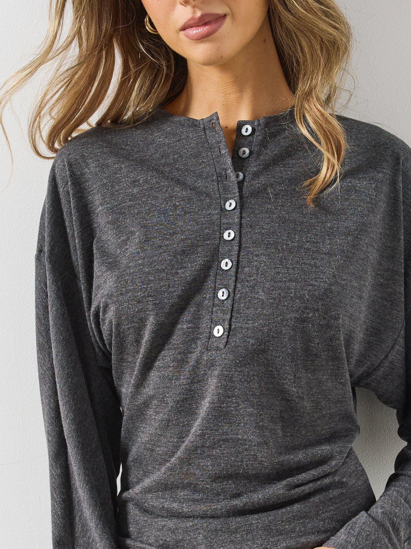 Image 4 of 6 of Mango Womens Button Front Relaxed Fit Long Sleeve Jumper - Grey