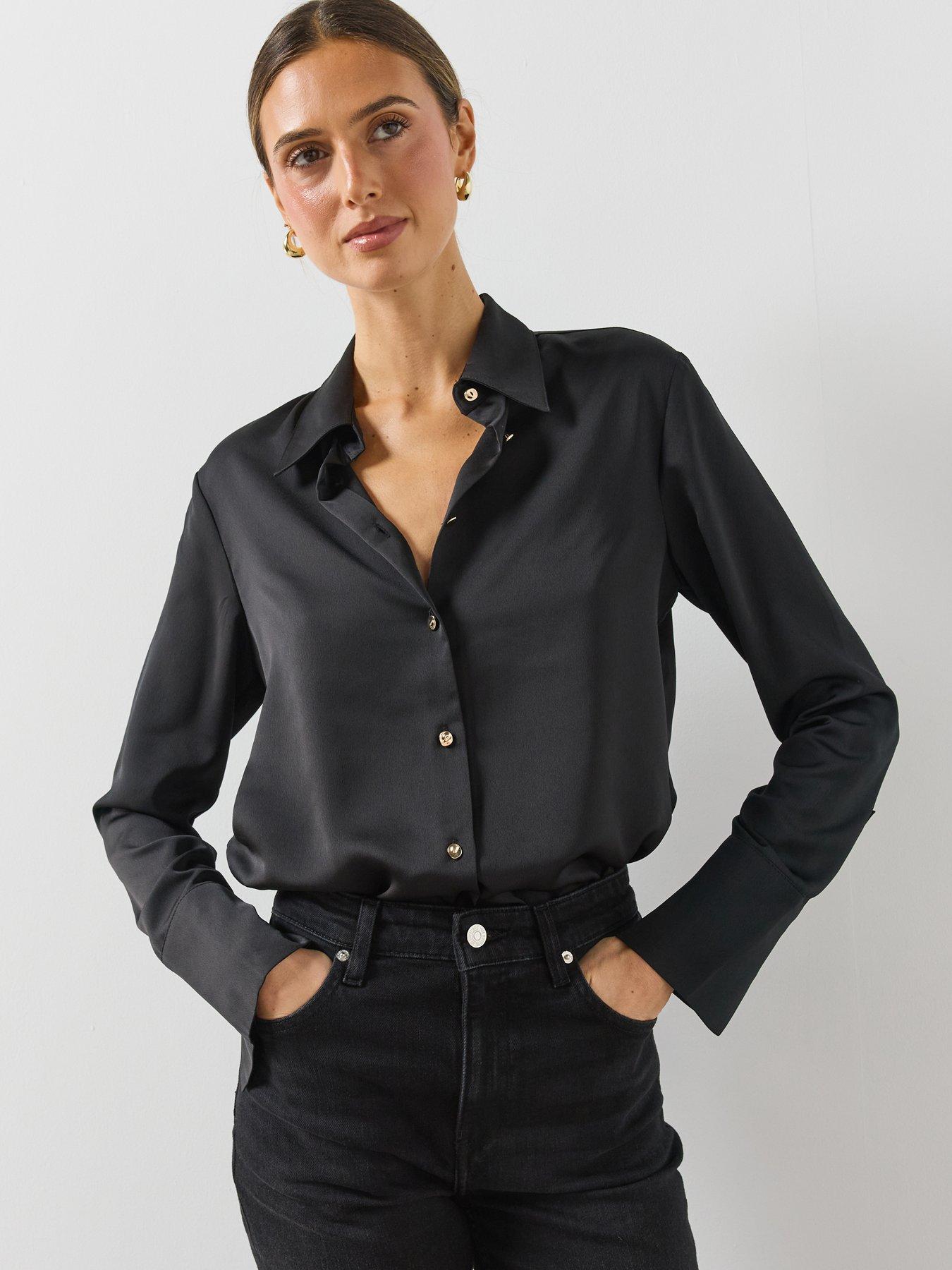 Image 1 of 6 of Mango Womens Ideale Satin-Look Button-Through Long Sleeve Shirt - Black