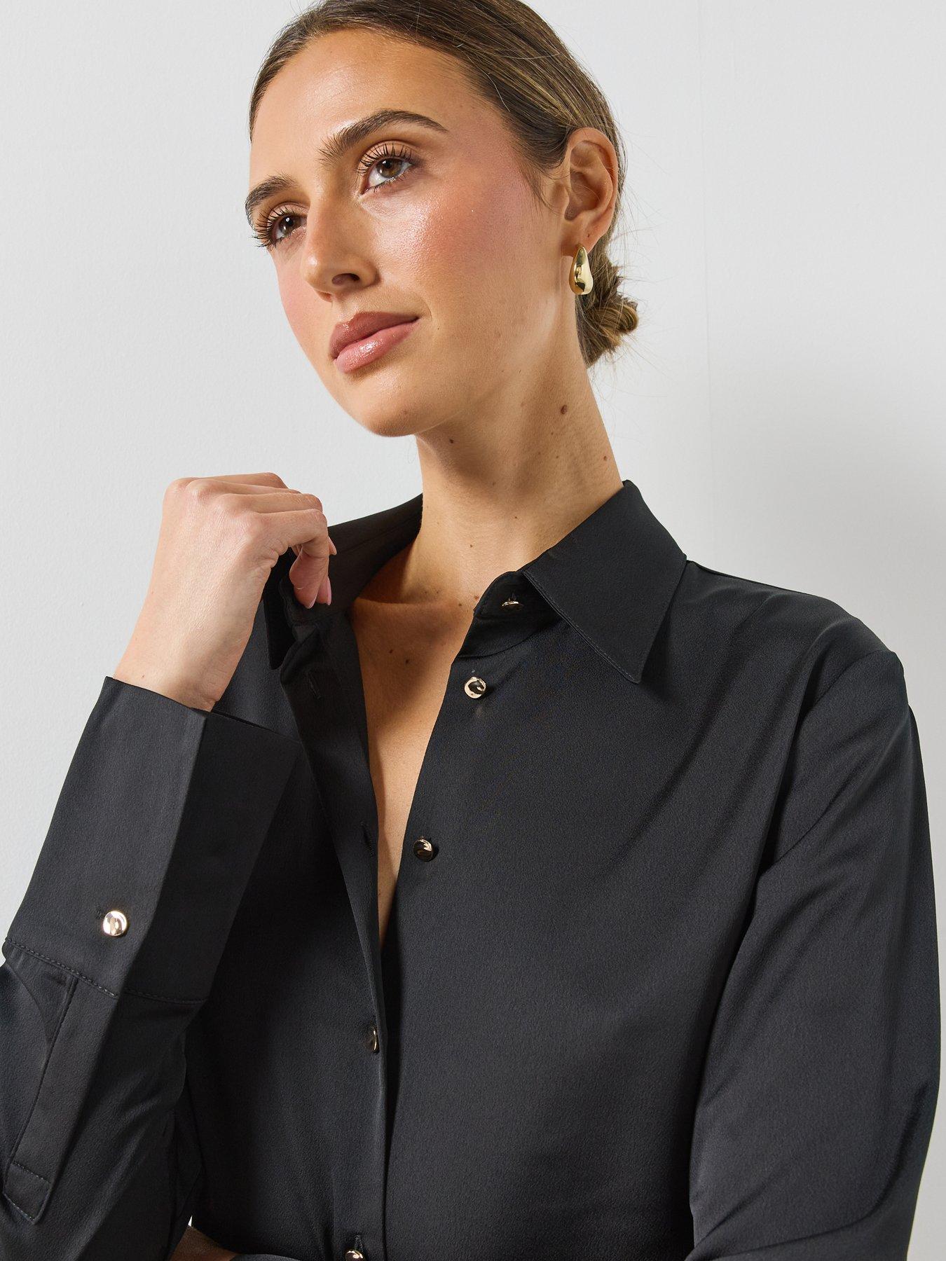 Image 5 of 6 of Mango Womens Ideale Satin-Look Button-Through Long Sleeve Shirt - Black