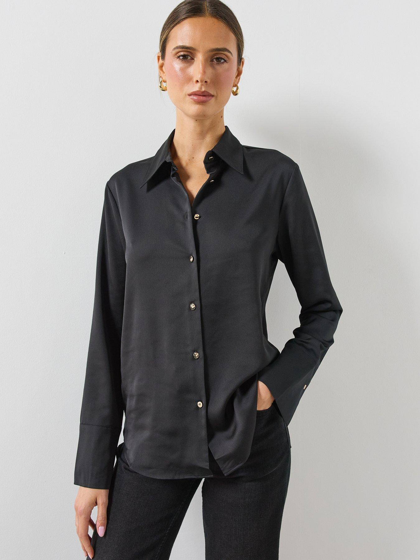 Image 6 of 6 of Mango Womens Ideale Satin-Look Button-Through Long Sleeve Shirt - Black