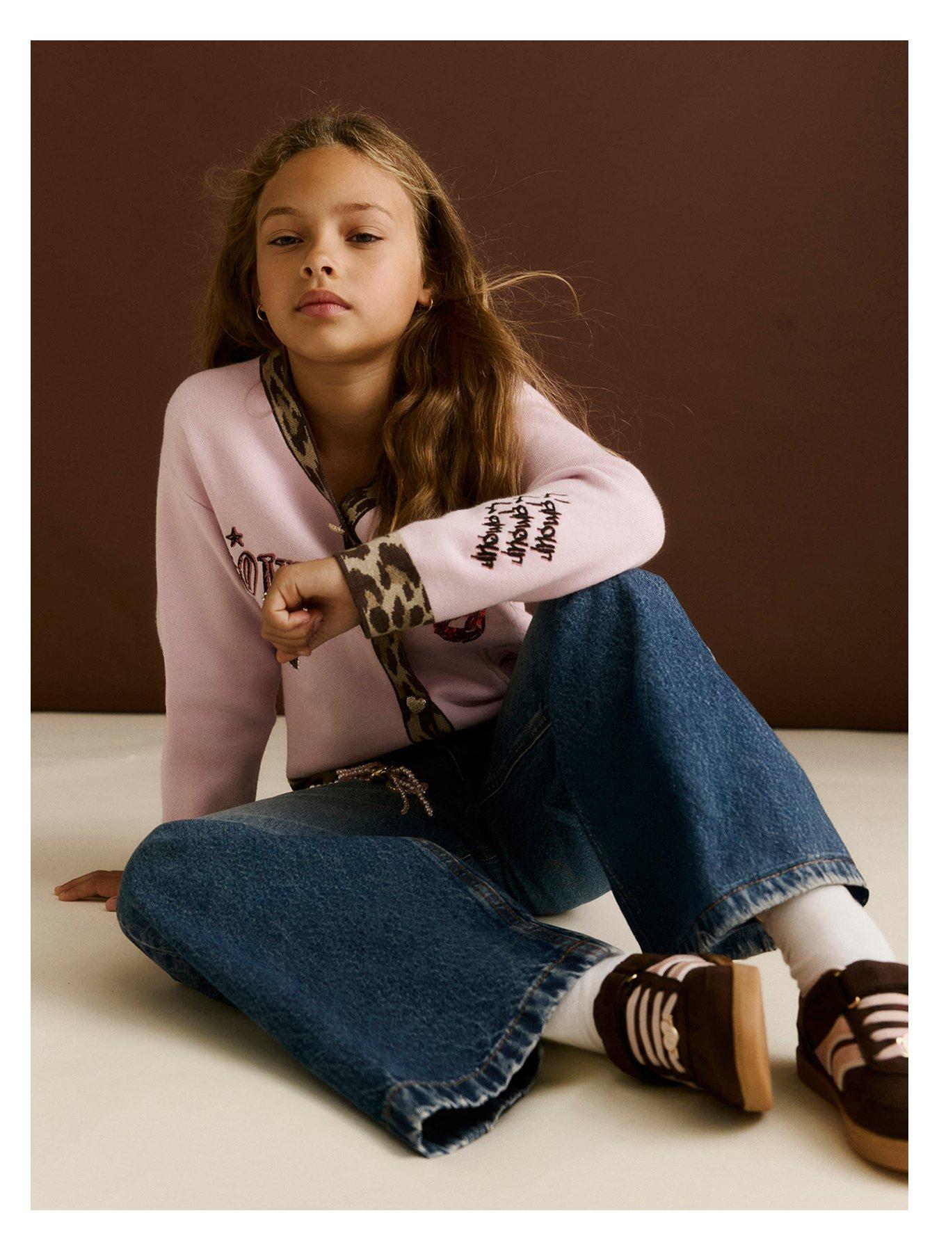 Image 1 of 4 of River Island Girls Leopard Placket Button-Through Cardigan - Pink