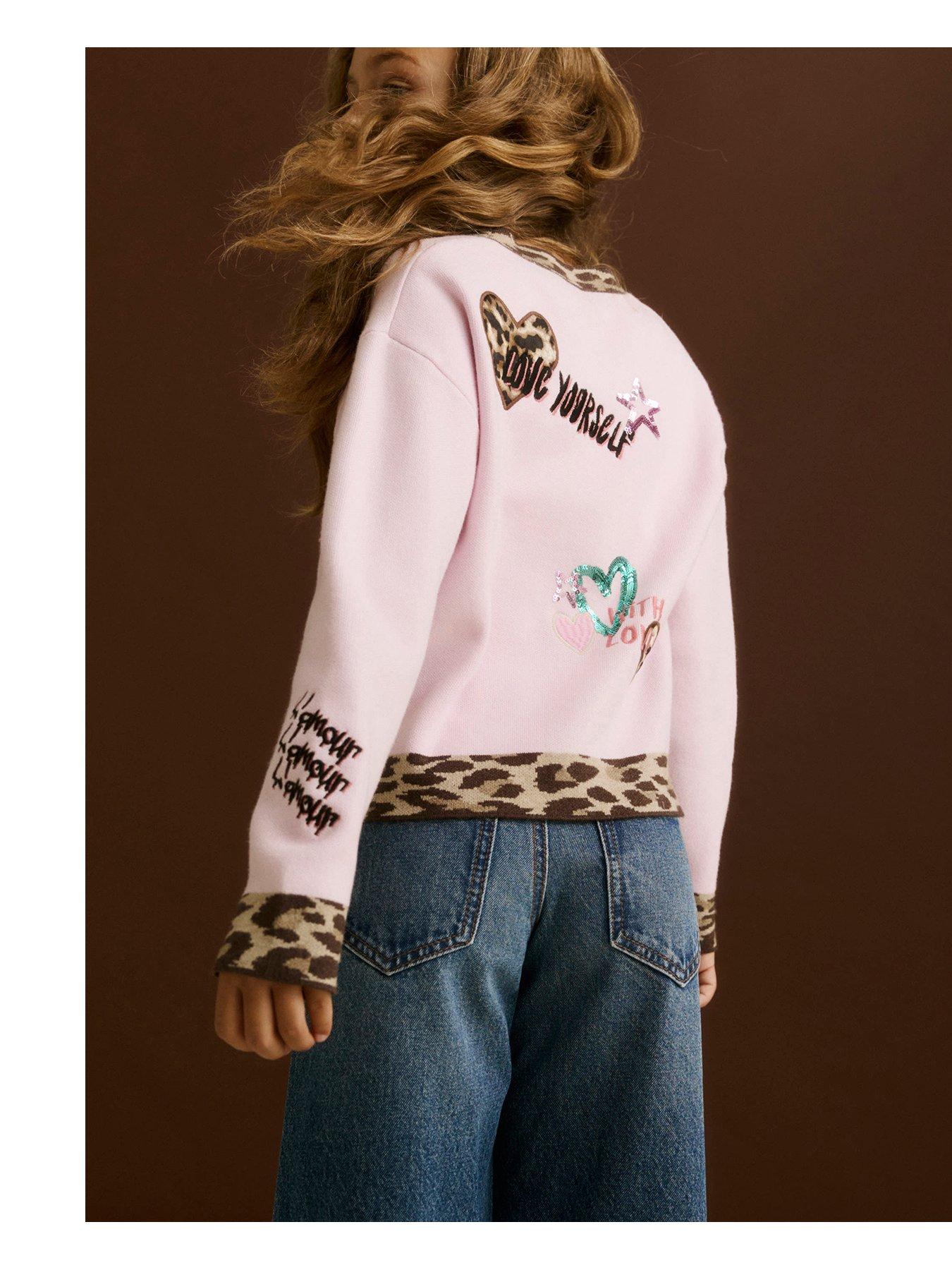 Image 2 of 4 of River Island Girls Leopard Placket Button-Through Cardigan - Pink