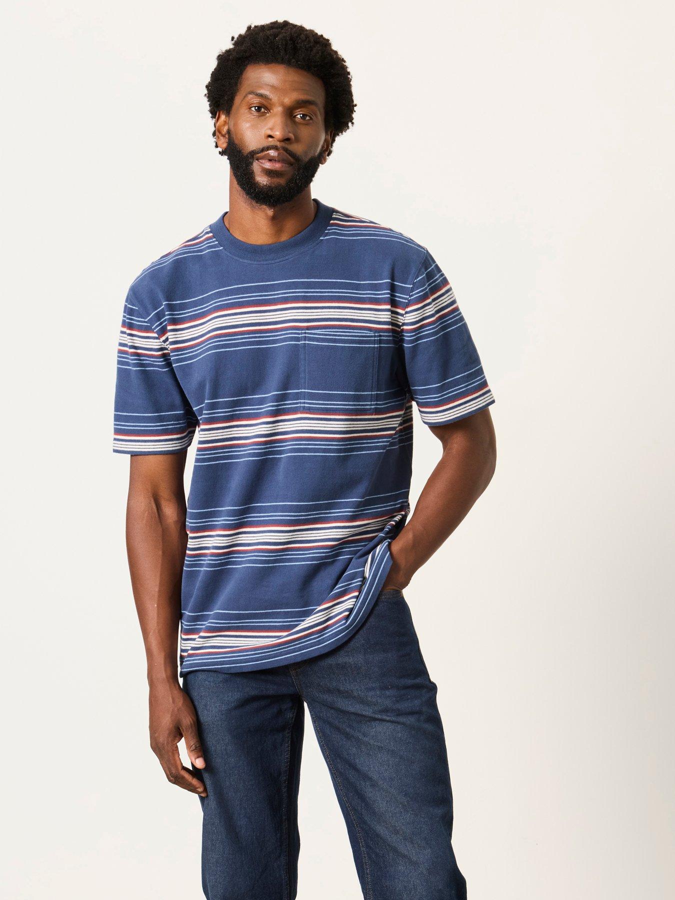 FatFace Mens Relaxed Fit Stripe Crew Neck T-Shirt, Blue, Size Xl, Men