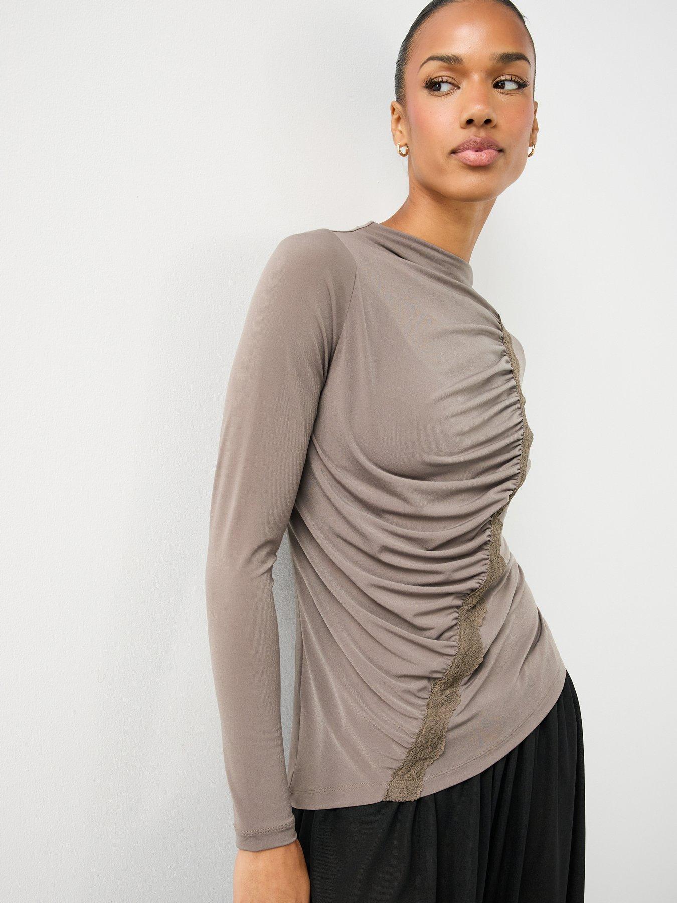 Image 1 of 7 of The Very Collection Womens Asymmetric Ruched Lace Detail Top - Neutral