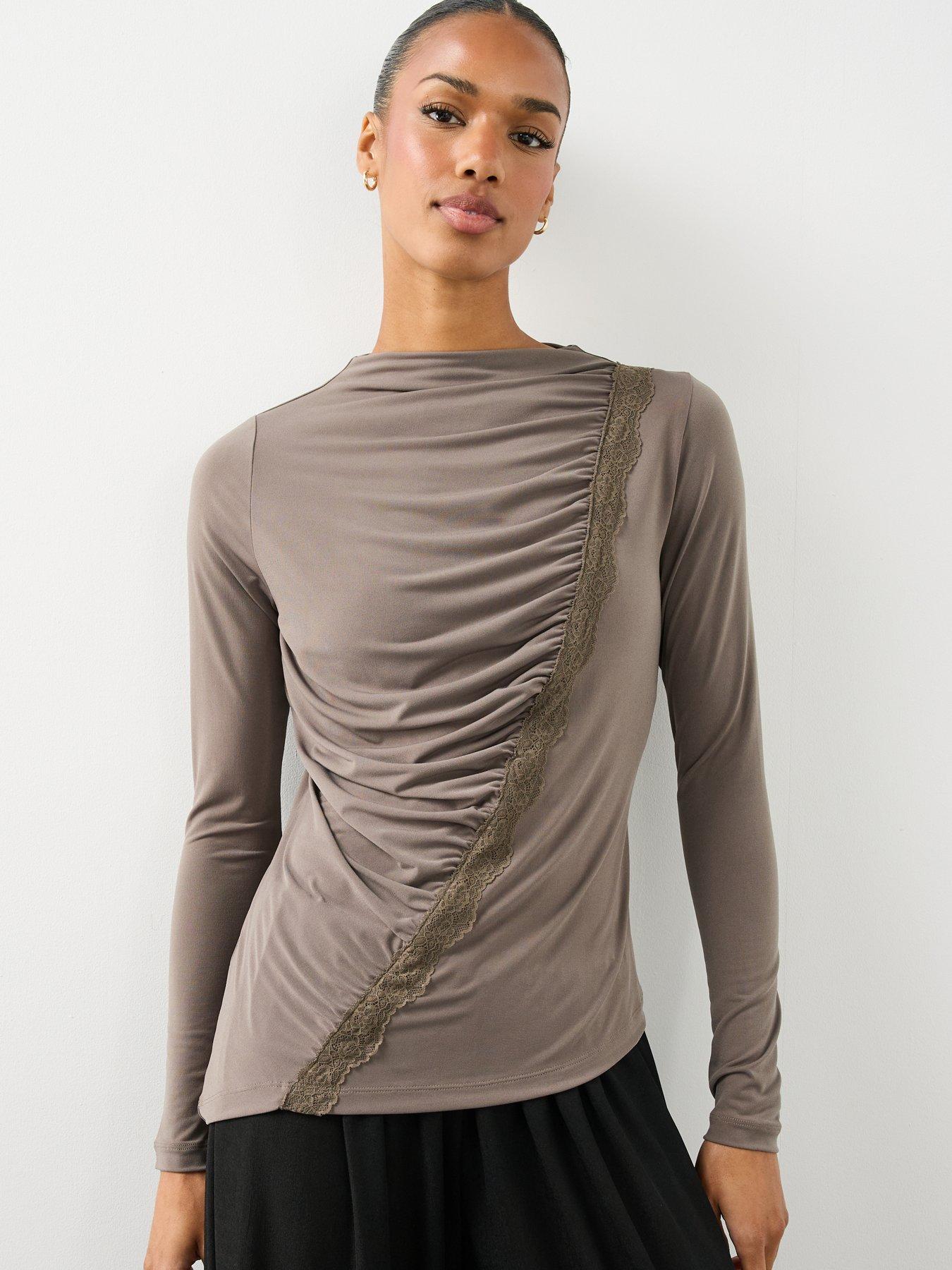 Image 4 of 7 of The Very Collection Womens Asymmetric Ruched Lace Detail Top - Neutral