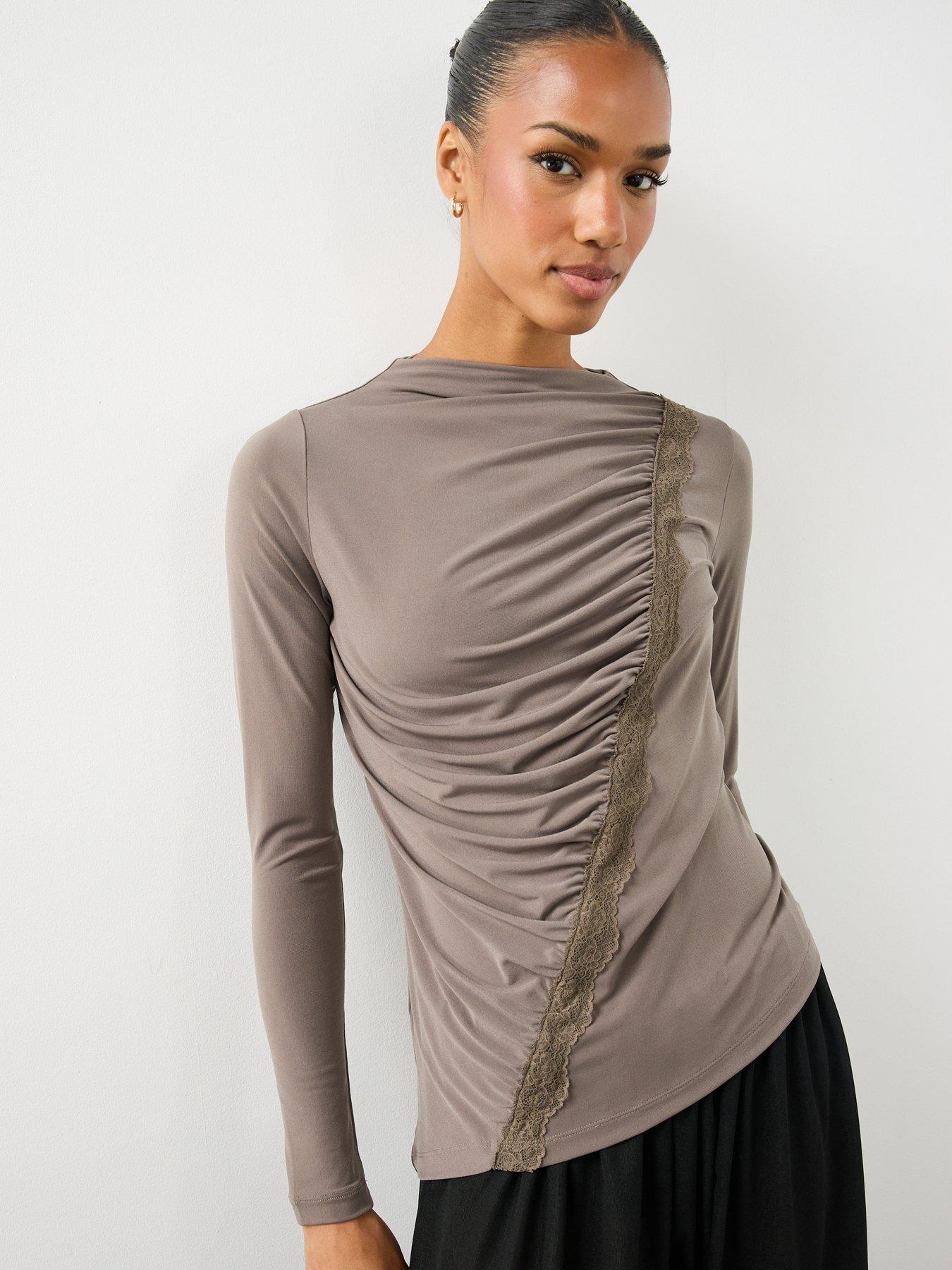 Image 6 of 7 of The Very Collection Womens Asymmetric Ruched Lace Detail Top - Neutral