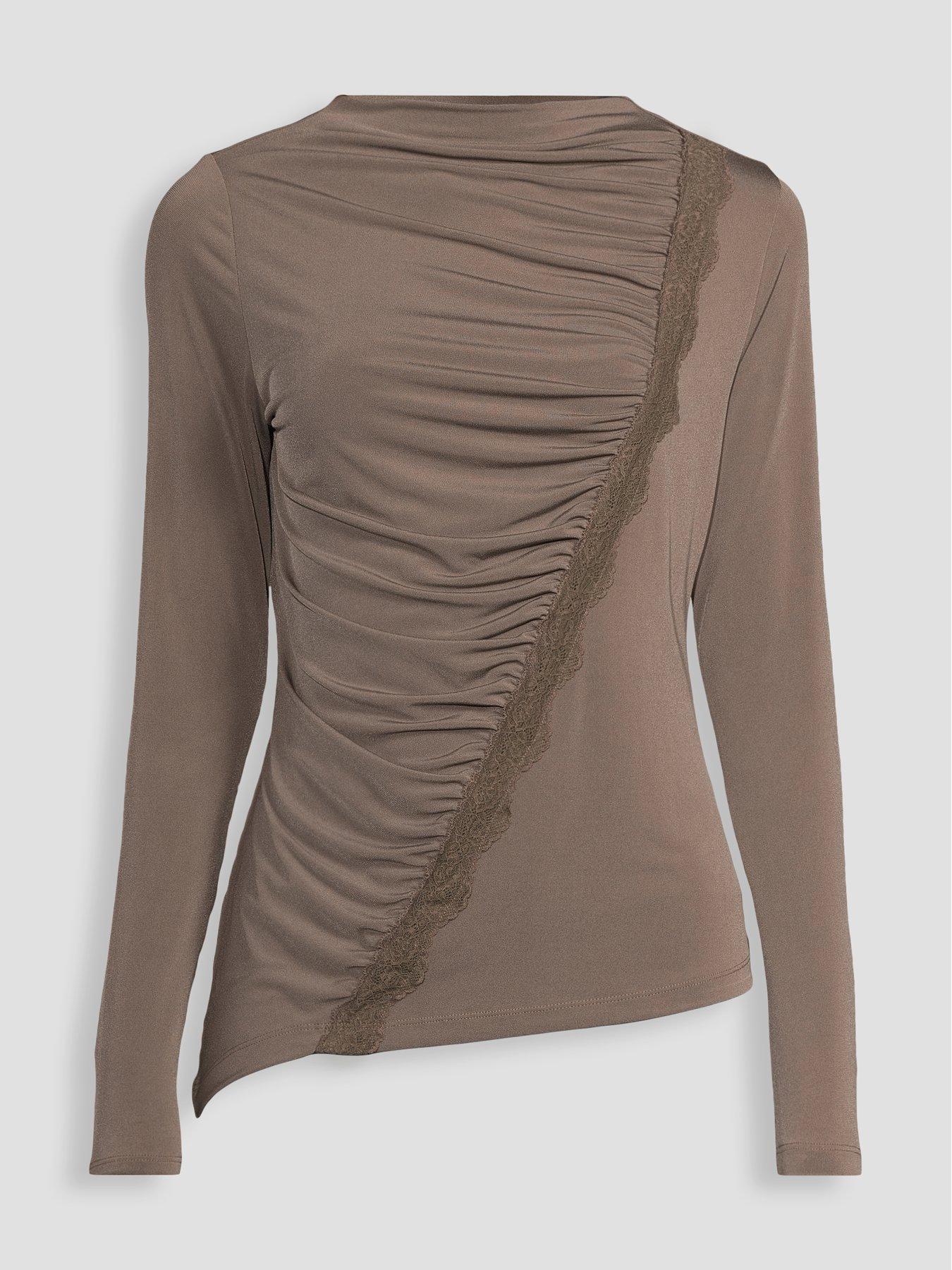 Image 7 of 7 of The Very Collection Womens Asymmetric Ruched Lace Detail Top - Neutral