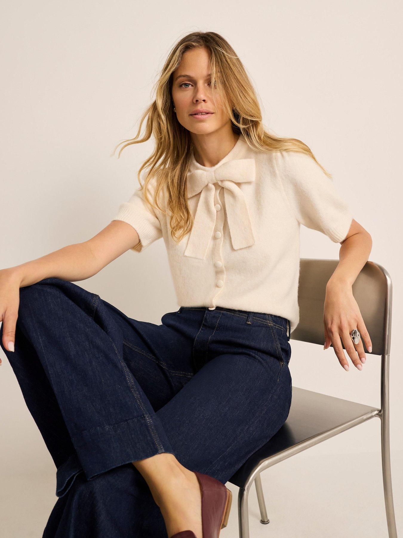 Image 1 of 6 of Mint Velvet Bow Front Knit Top - Cream
