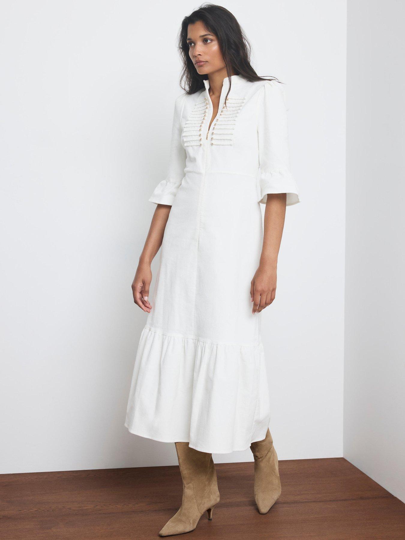 Image 1 of 6 of Mint Velvet Corduroy Military Detail Midi Dress - Cream