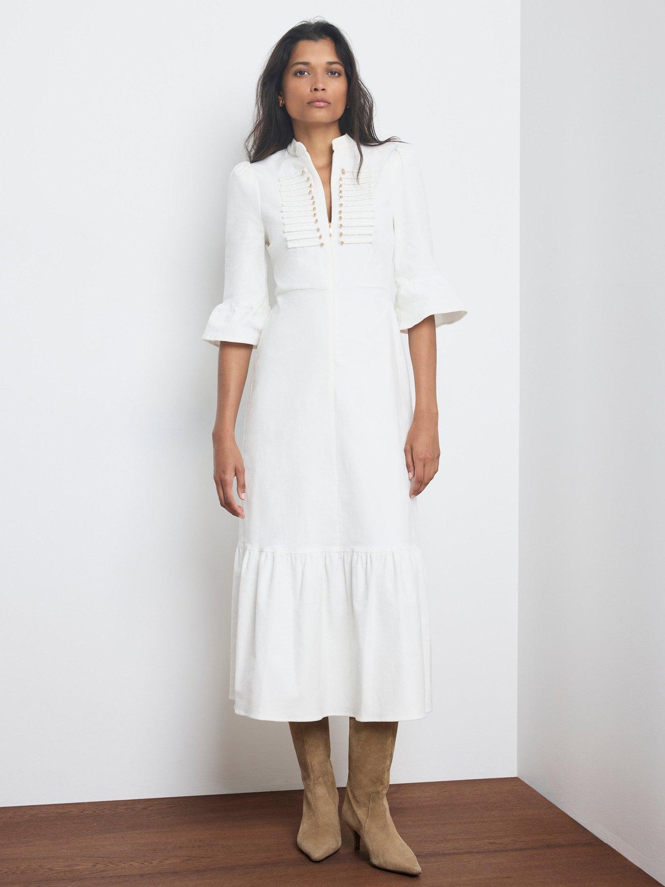 Image 2 of 6 of Mint Velvet Corduroy Military Detail Midi Dress - Cream