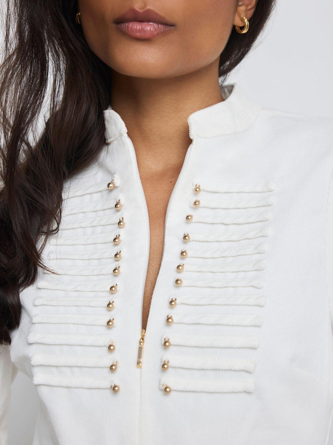 Image 3 of 6 of Mint Velvet Corduroy Military Detail Midi Dress - Cream