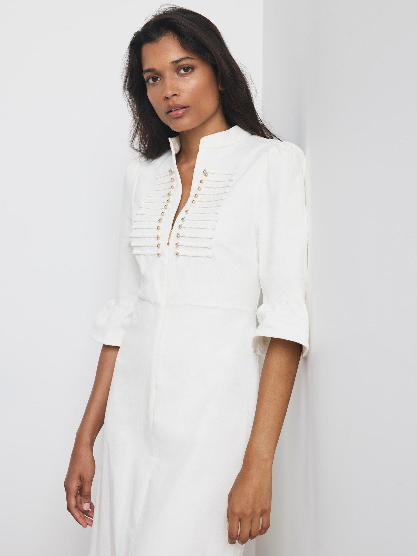 Image 4 of 6 of Mint Velvet Corduroy Military Detail Midi Dress - Cream
