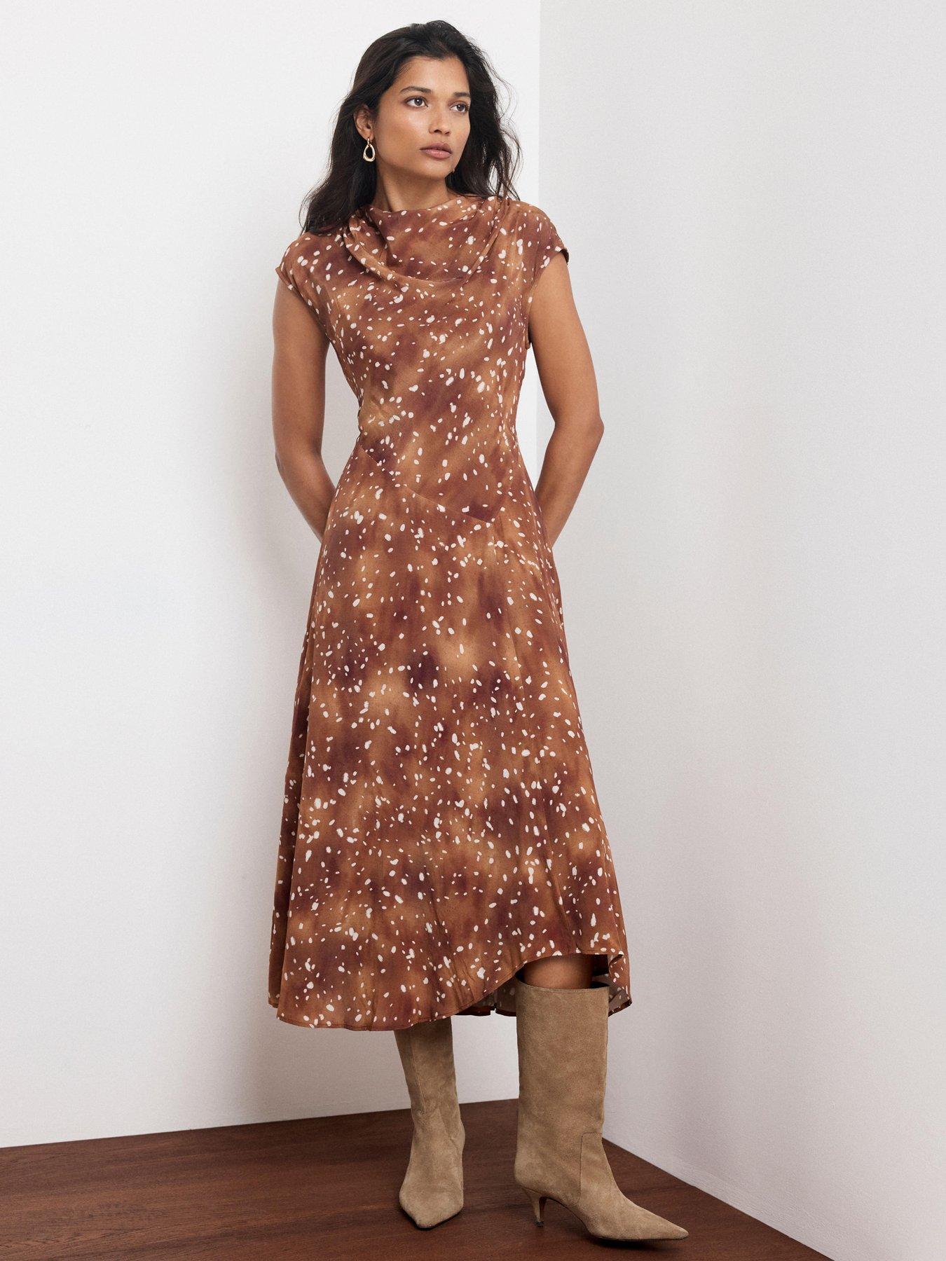 Image 2 of 6 of Mint Velvet Animal Print Asymmetric Midi Dress - Brown