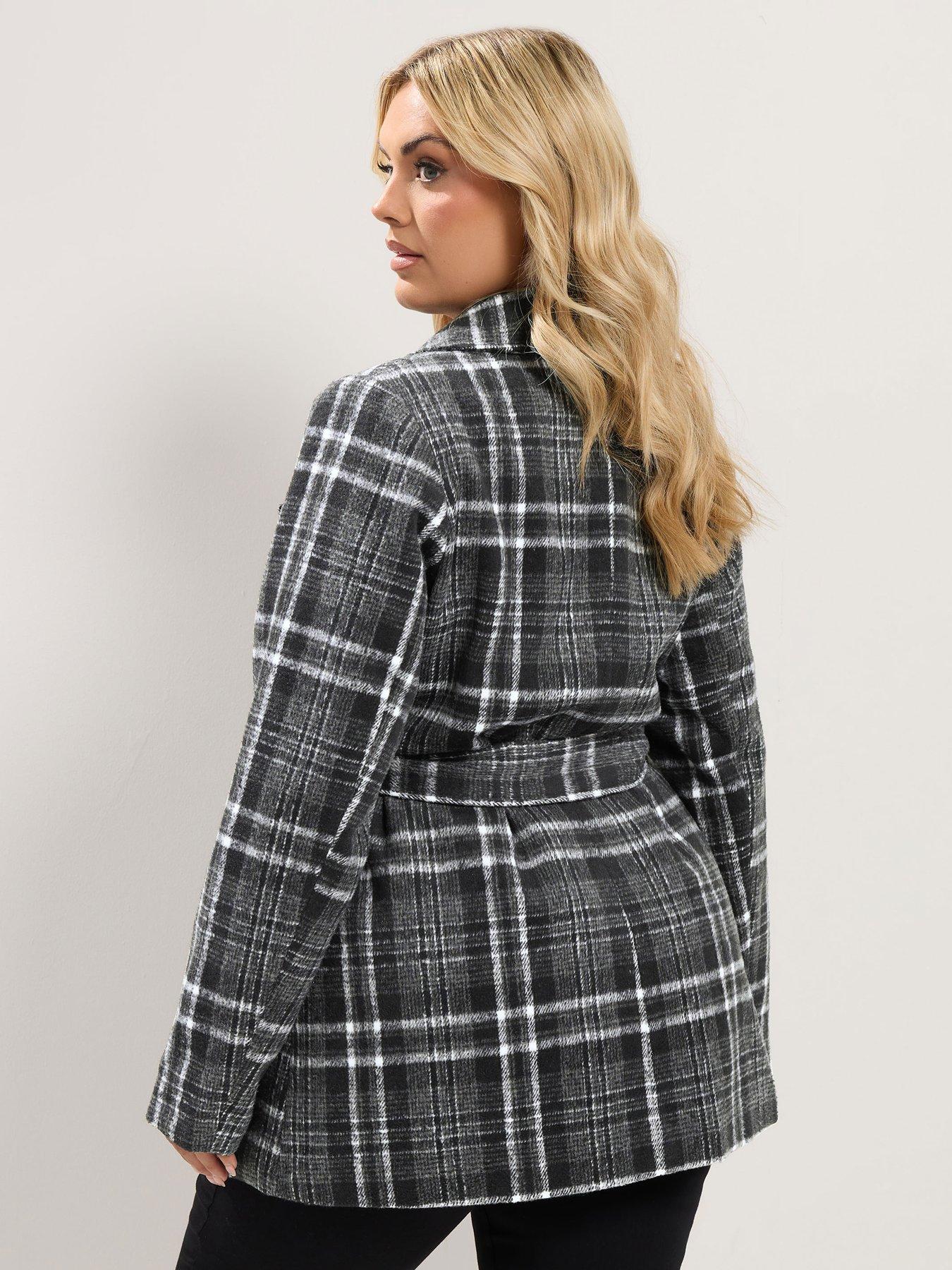 Image 2 of 4 of Yours Womens Curve Wrap Belted Check Coat - Black