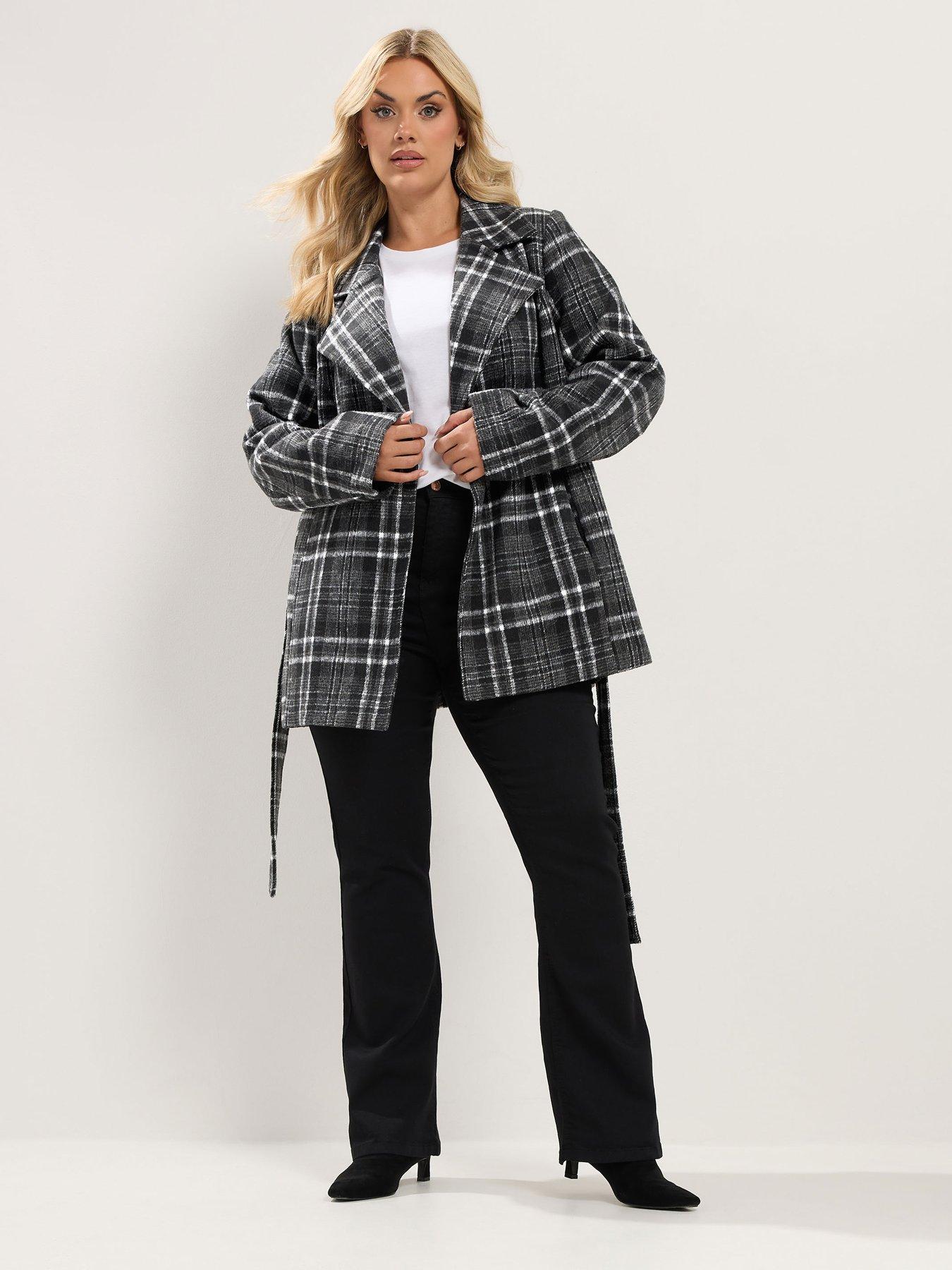Image 3 of 4 of Yours Womens Curve Wrap Belted Check Coat - Black